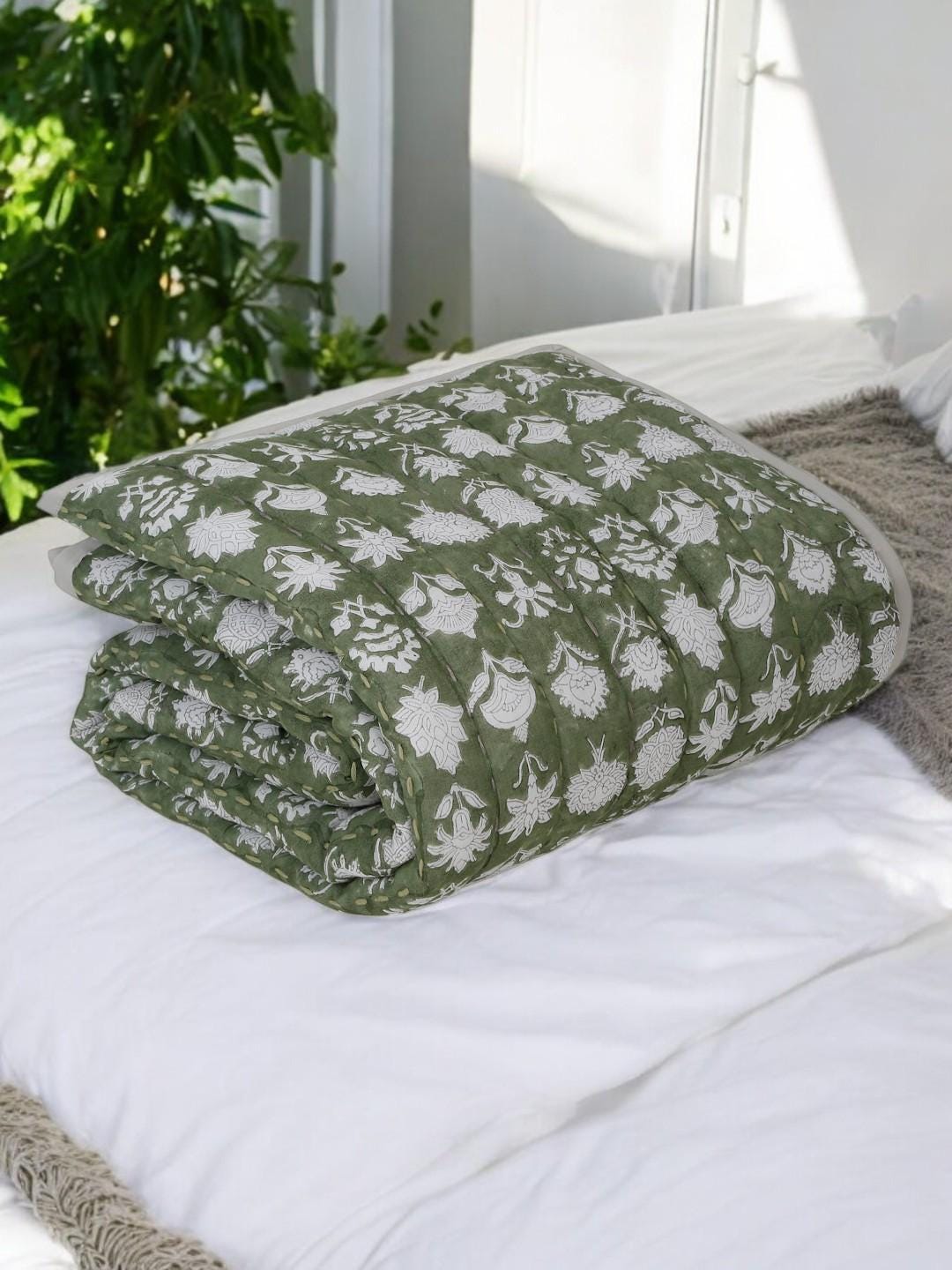 Hand Block Printed Cotton Throw Blanket – Indian Kantha Quilt, Boho Couch & Bed Throw