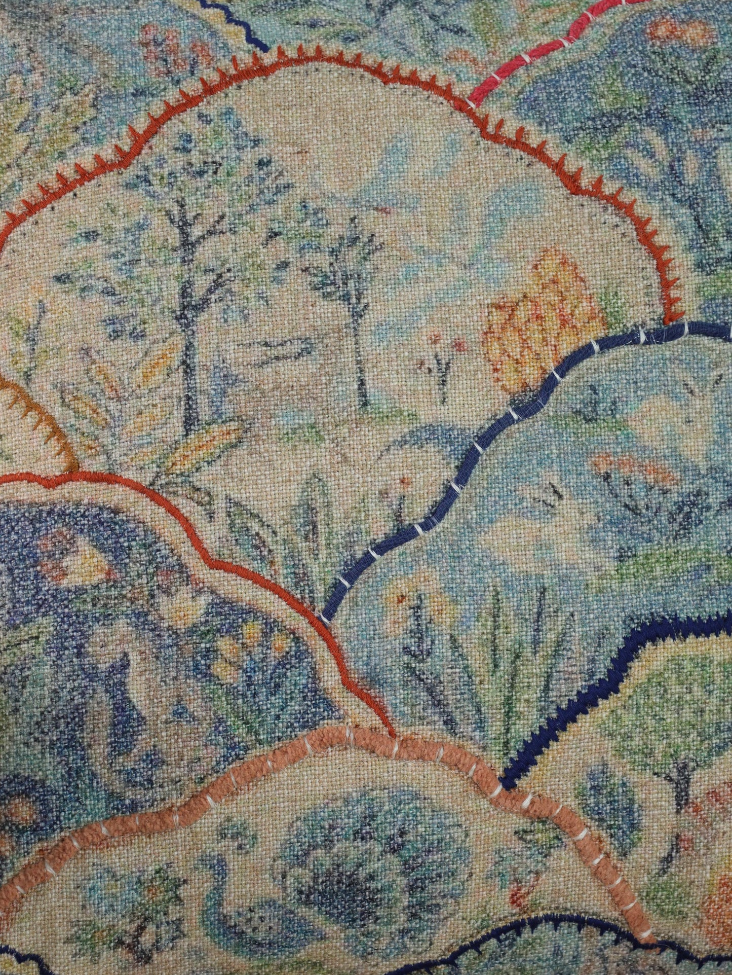 Embroidered Linen Pillow Cover: Japanese Garden Print, Japandi Decor