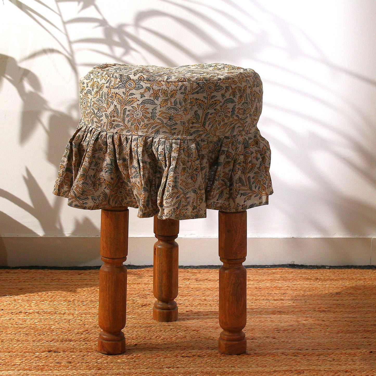 Floral Linen Barstool Cover: 14 Inch Hand Block Printed Seat Cover | Farmhouse Cotton Stool Cover | Custom Round Chair Slip Cover