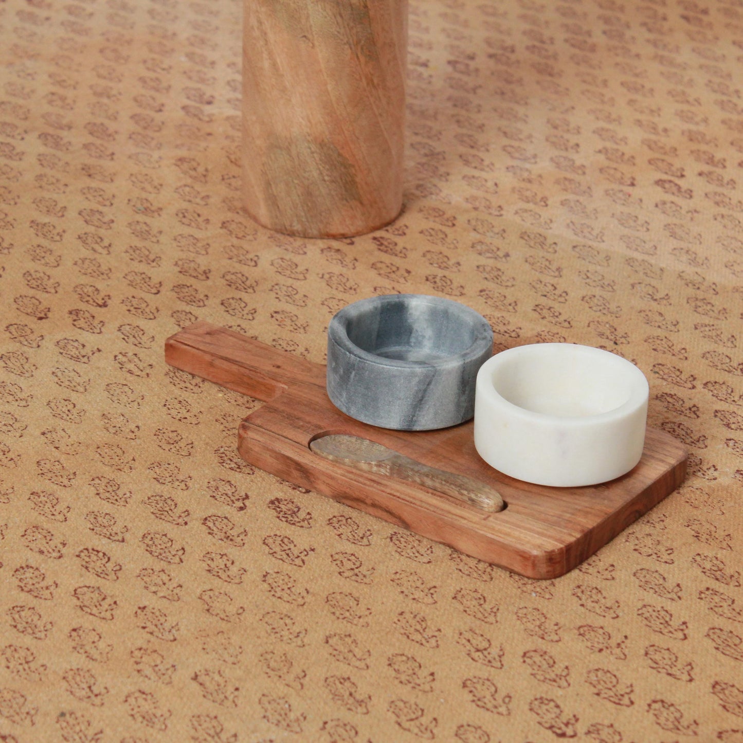 Peach Floral Linen Tablecloth: Hand Block Printed 52x70 Rectangle