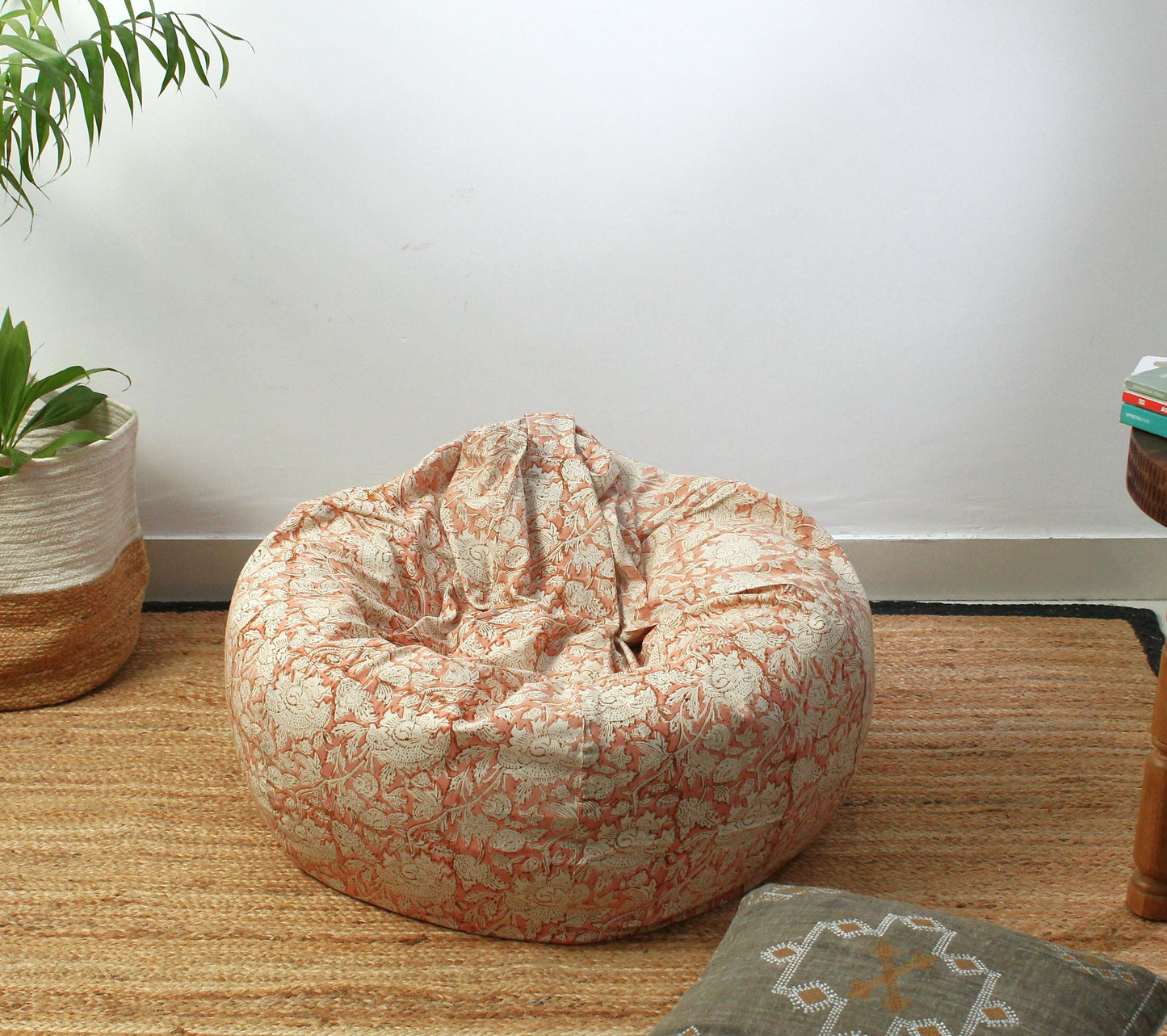 Floral Hand Block Print Bean Bag Cover: 96" Cotton Bean Bag Chair Cover | Boho Seating for Living Room, Bedroom, or Kids’ Space