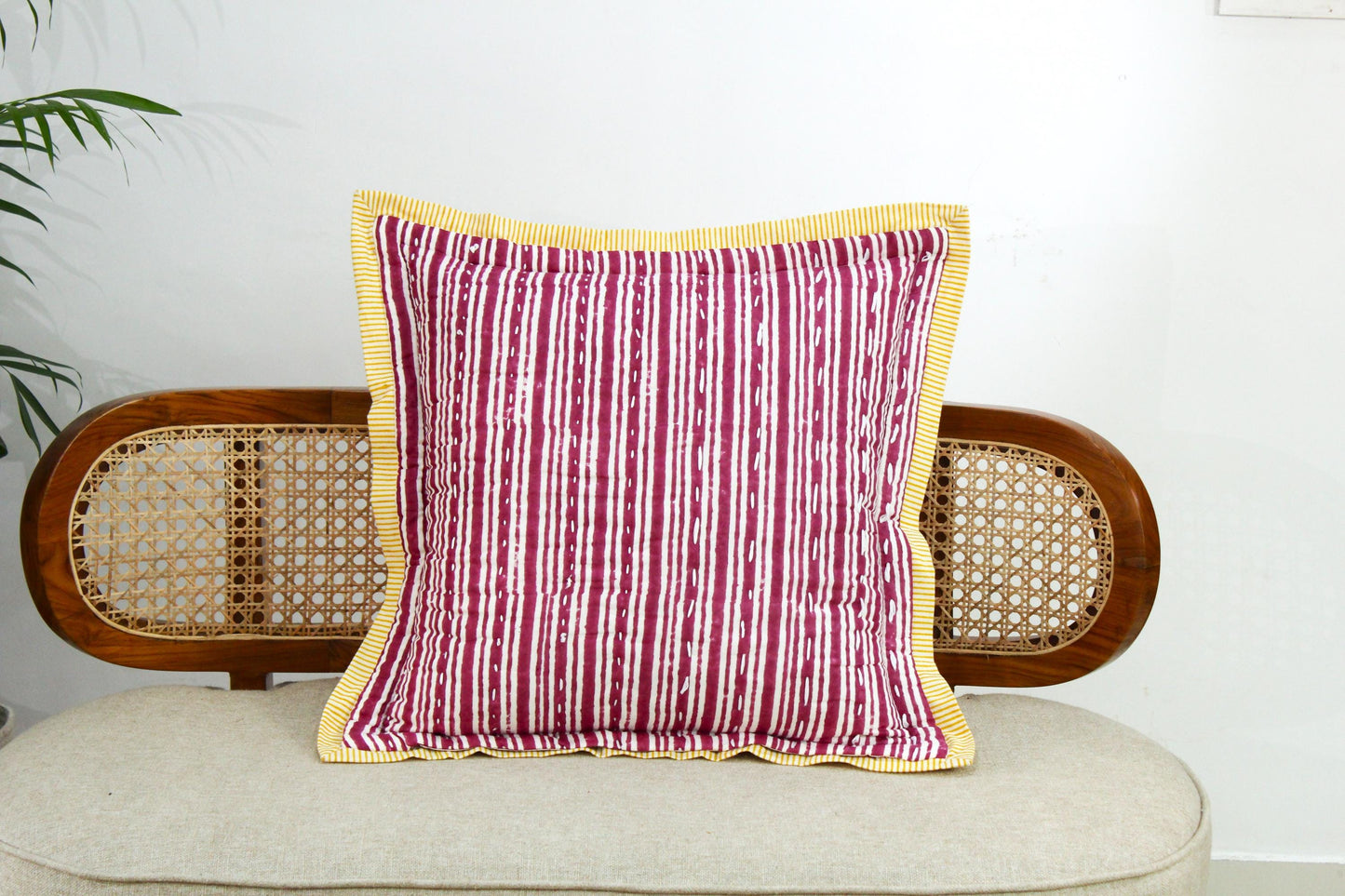 Pink Floral Kantha Quilted Pillow Cover: Hand Block Print, Boho Decor