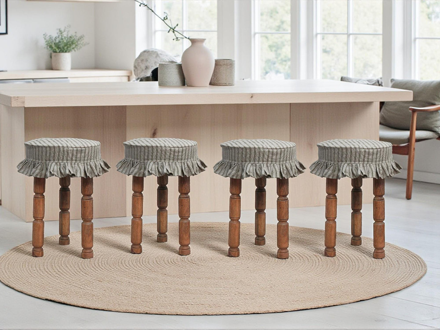 Linen Bar Stool Slipcover, Hand Block Printed Stripe, Farmhouse Ruffle Cover