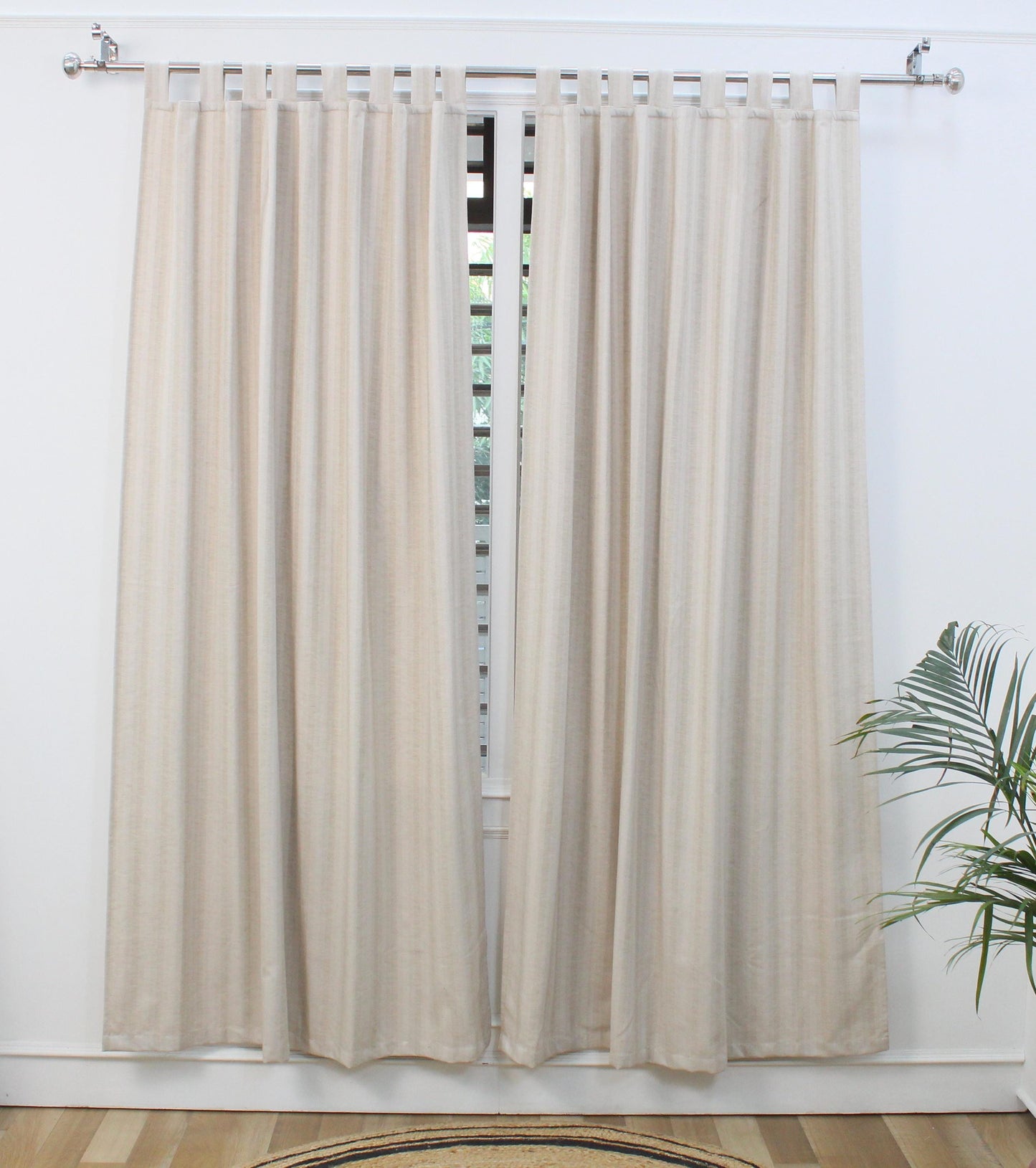 Natural Linen Stripe Curtain | Modern Boho Window Panel | Cafe Drapery