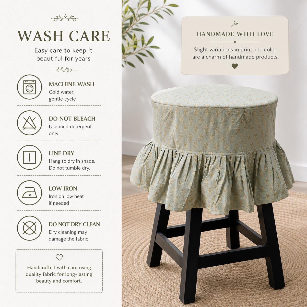 Dusty Green Floral Booti Barstool Slipcover with Ruffles: Cotton Linen Slipcover, Farmhouse Dining Decor