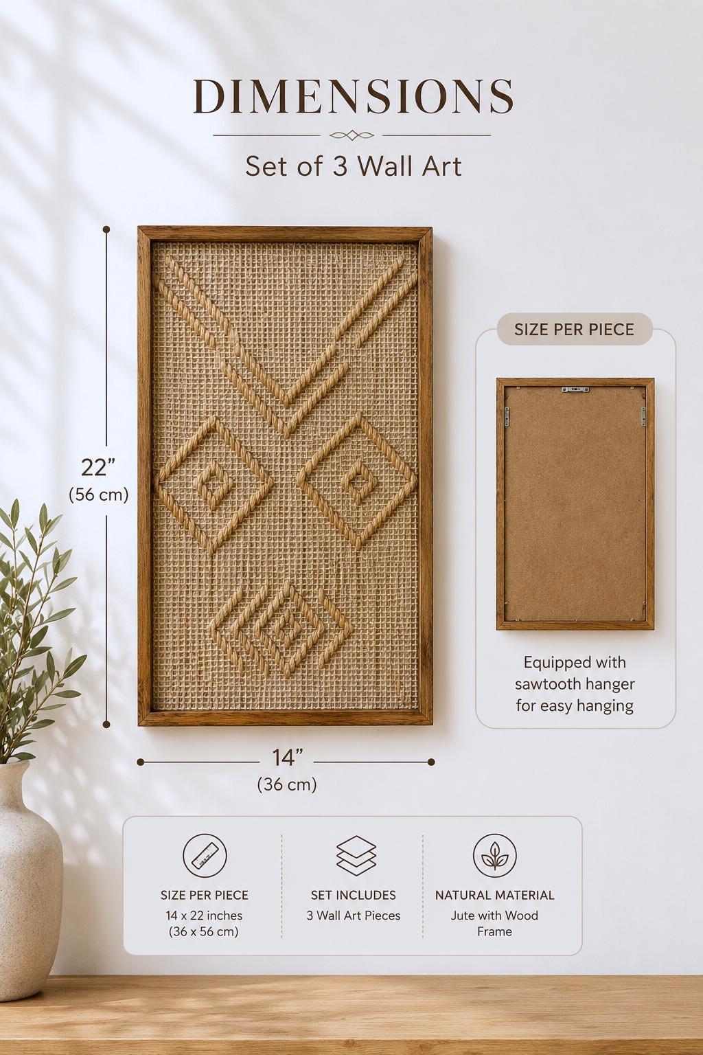 Handwoven Jute Wall Art Set | Acacia Wood Framed Boho Wall Decor Art
