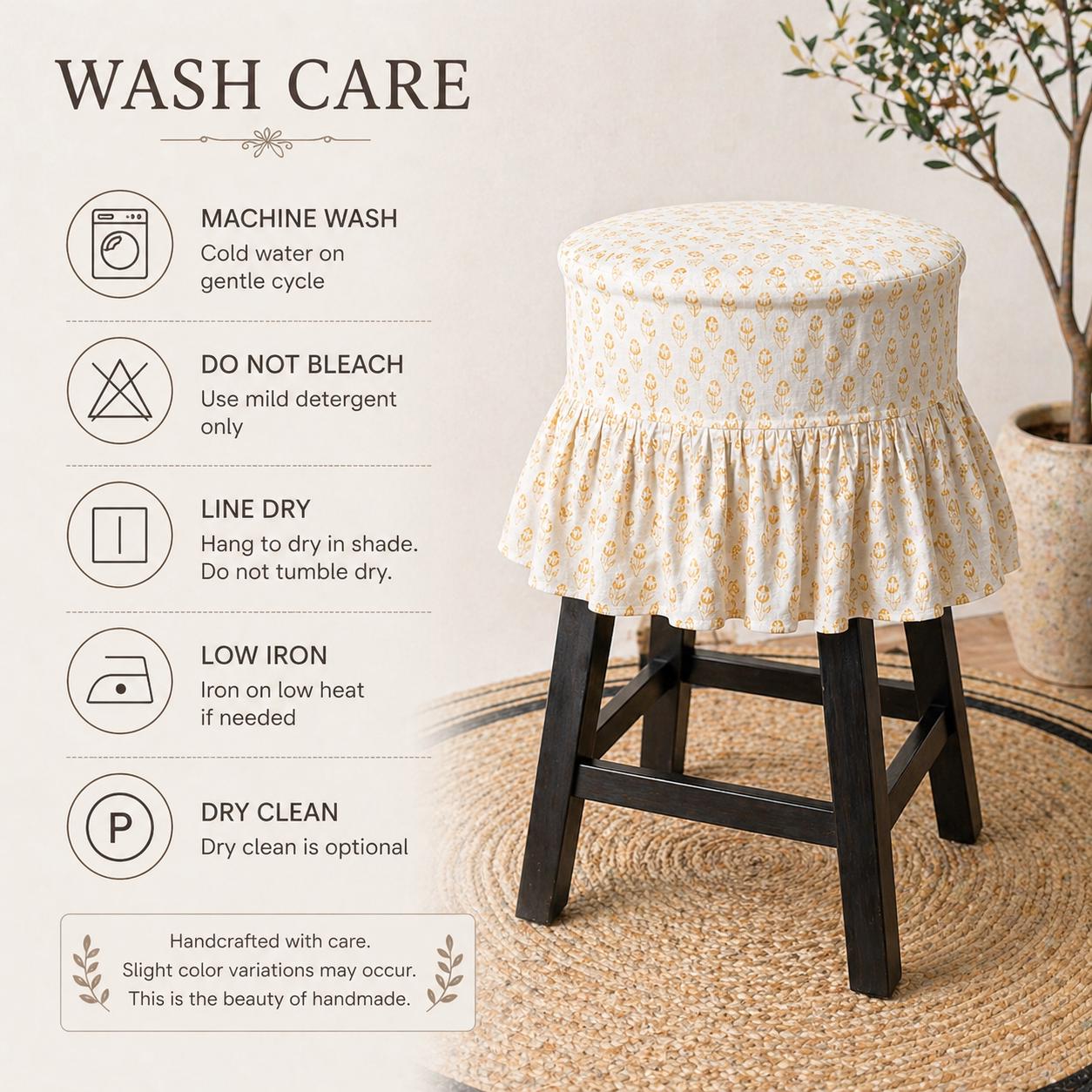 Hand Block Printed Floral Barstool Cover: Cotton Linen Slipcover, Farmhouse Dining Decor