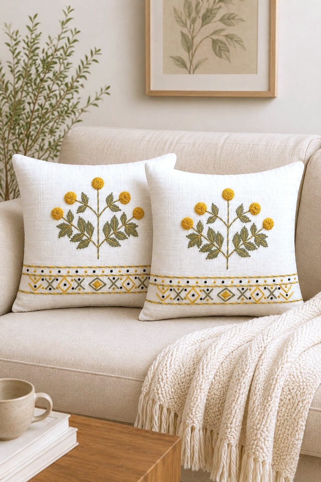 Wildflower Embroidered Cotton Cushion Cover - Set of 2