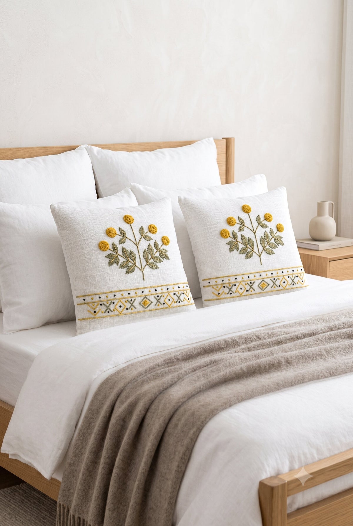 Wildflower Embroidered Cotton Cushion Cover - Set of 2
