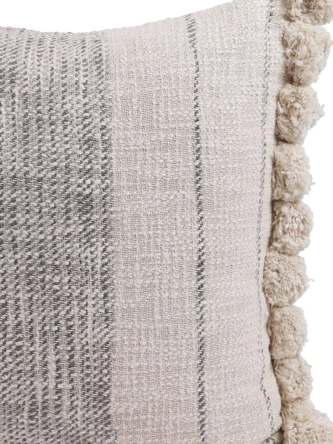 Handwoven Cotton Pom Pom Pillow Cover | Gray Stripe Boho Cushion