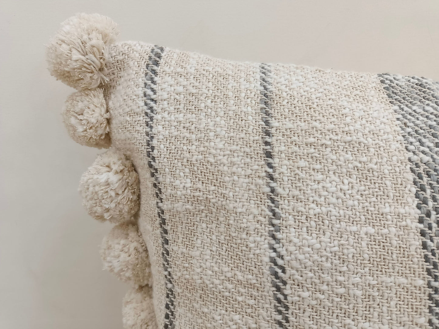 Handwoven Cotton Pom Pom Pillow Cover | Gray Stripe Boho Cushion