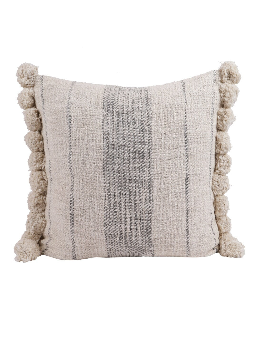 Handwoven Cotton Pom Pom Pillow Cover | Gray Stripe Boho Cushion