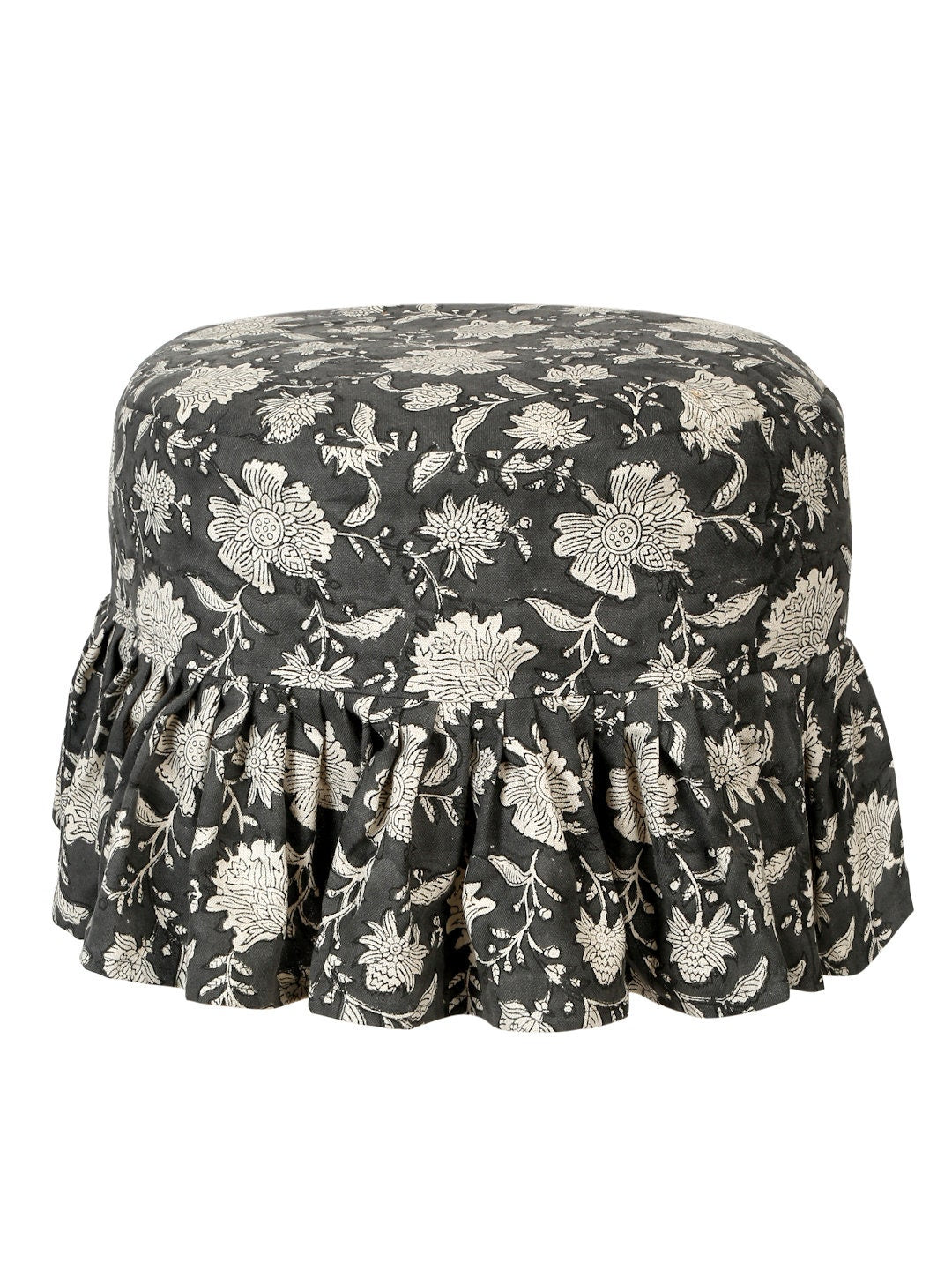 Hand Block Printed Linen Barstool Cover: Black Floral Fringe, 14-inch