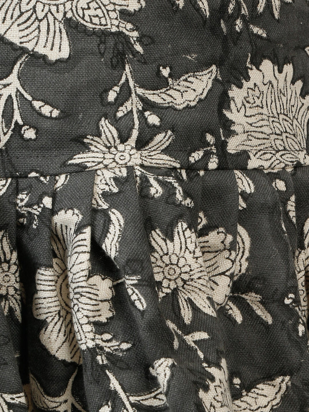 Hand Block Printed Linen Barstool Cover: Black Floral Fringe, 14-inch