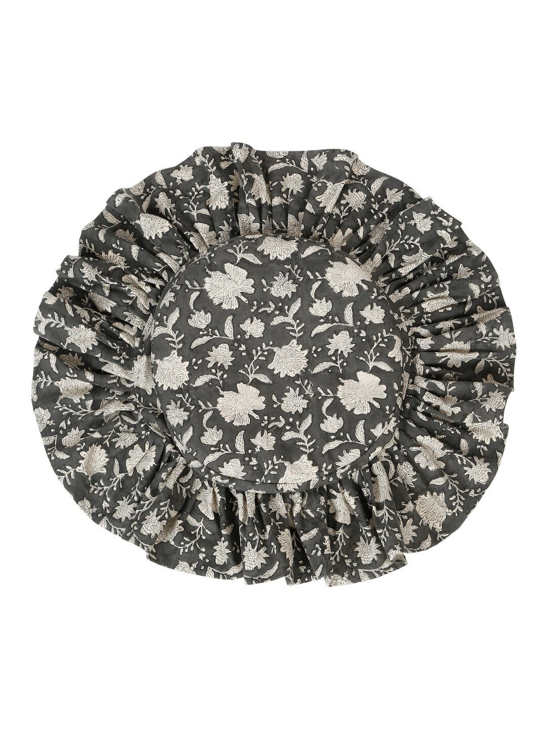 Hand Block Printed Linen Barstool Cover: Black Floral Fringe, 14-inch