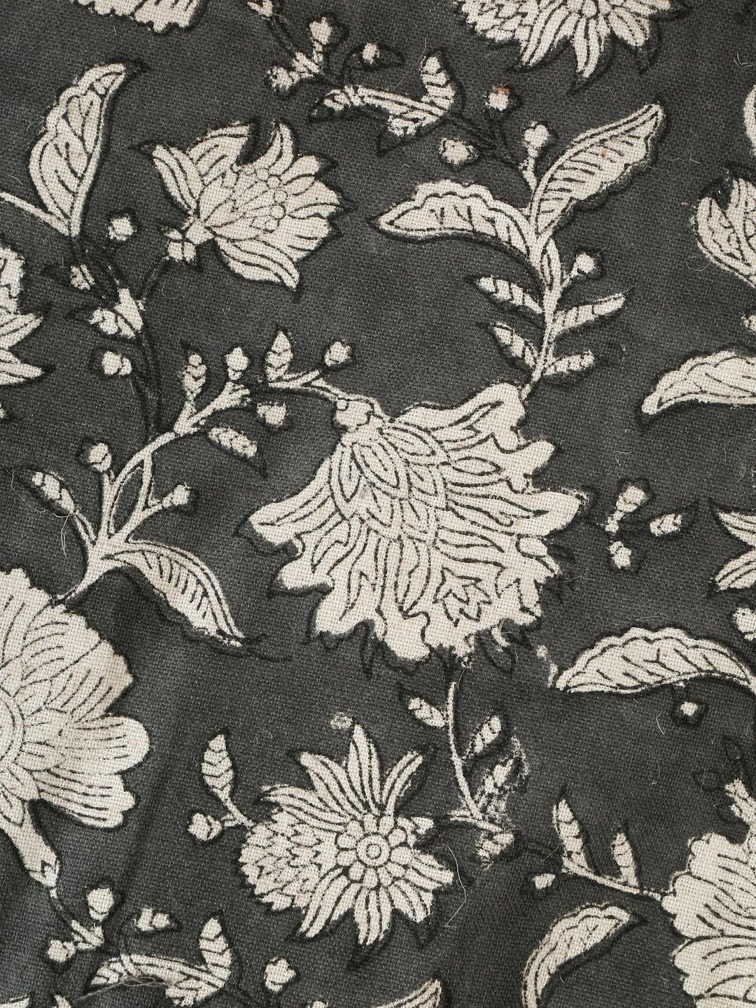 Hand Block Printed Linen Barstool Cover: Black Floral Fringe, 14-inch