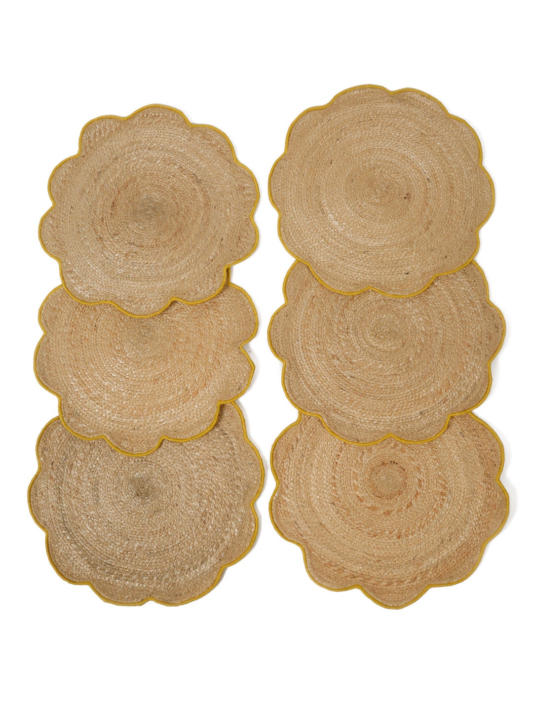 Handwoven Grass Rope Placemats: Yellow Embroidered Floral Set of 6
