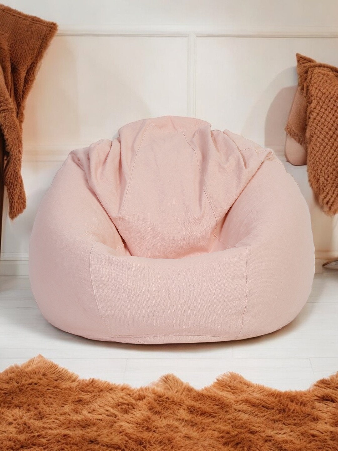 Handmade Peach Cotton Bean Bag Cover: Large Bean Bag Chair Cover | Washable, Eco-Friendly Floor Seating for Living Room, Kids Room, Dorm
