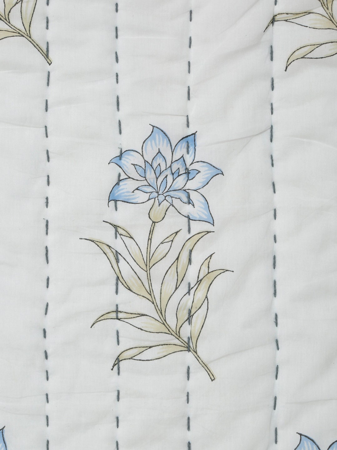 Hand Block Printed Cotton Table Runner | Floral Kantha Stitch Decor