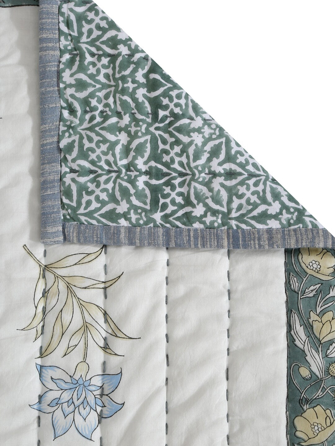 Hand Block Printed Cotton Table Runner | Floral Kantha Stitch Decor