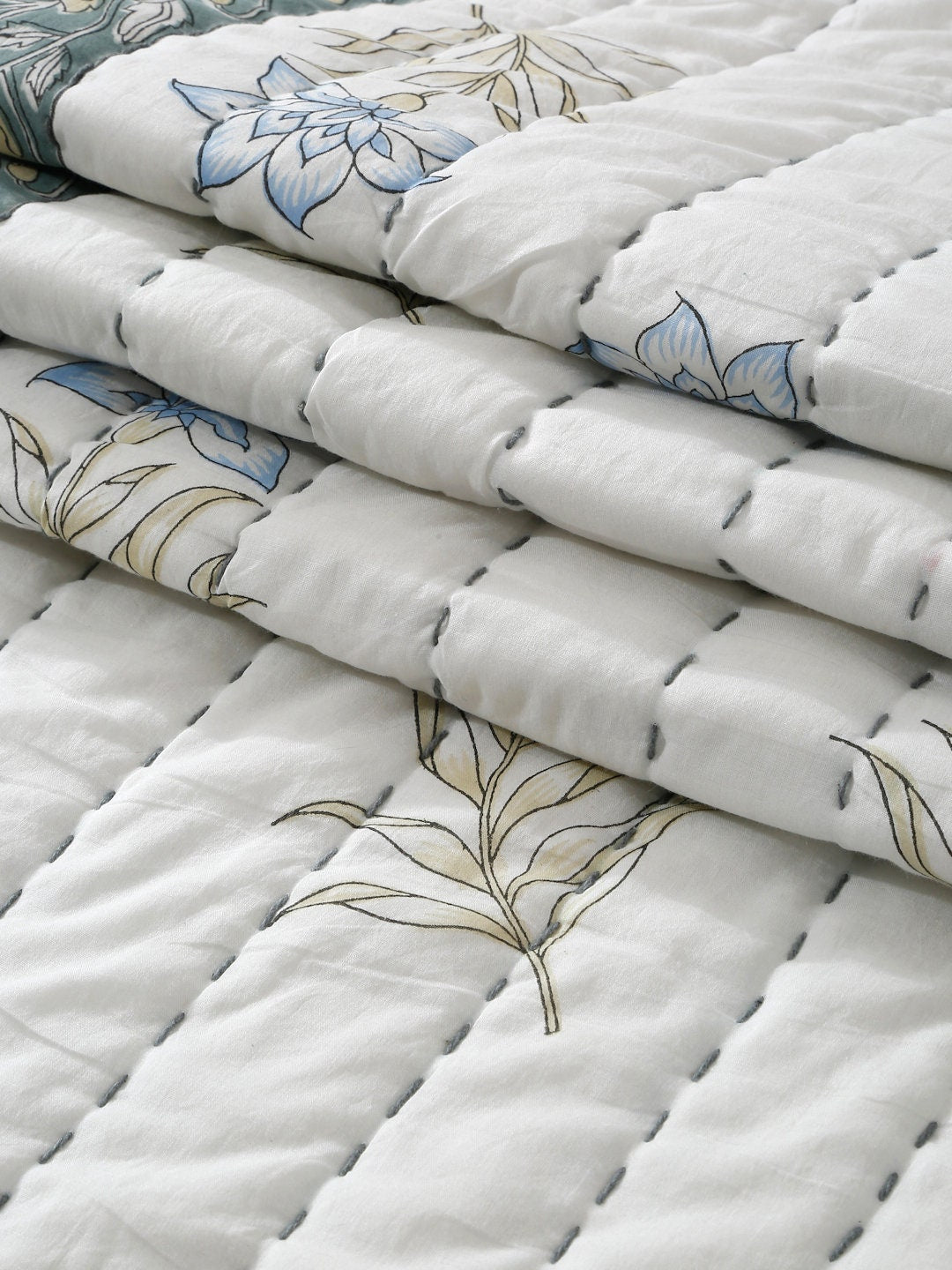 Hand Block Printed Cotton Table Runner | Floral Kantha Stitch Decor