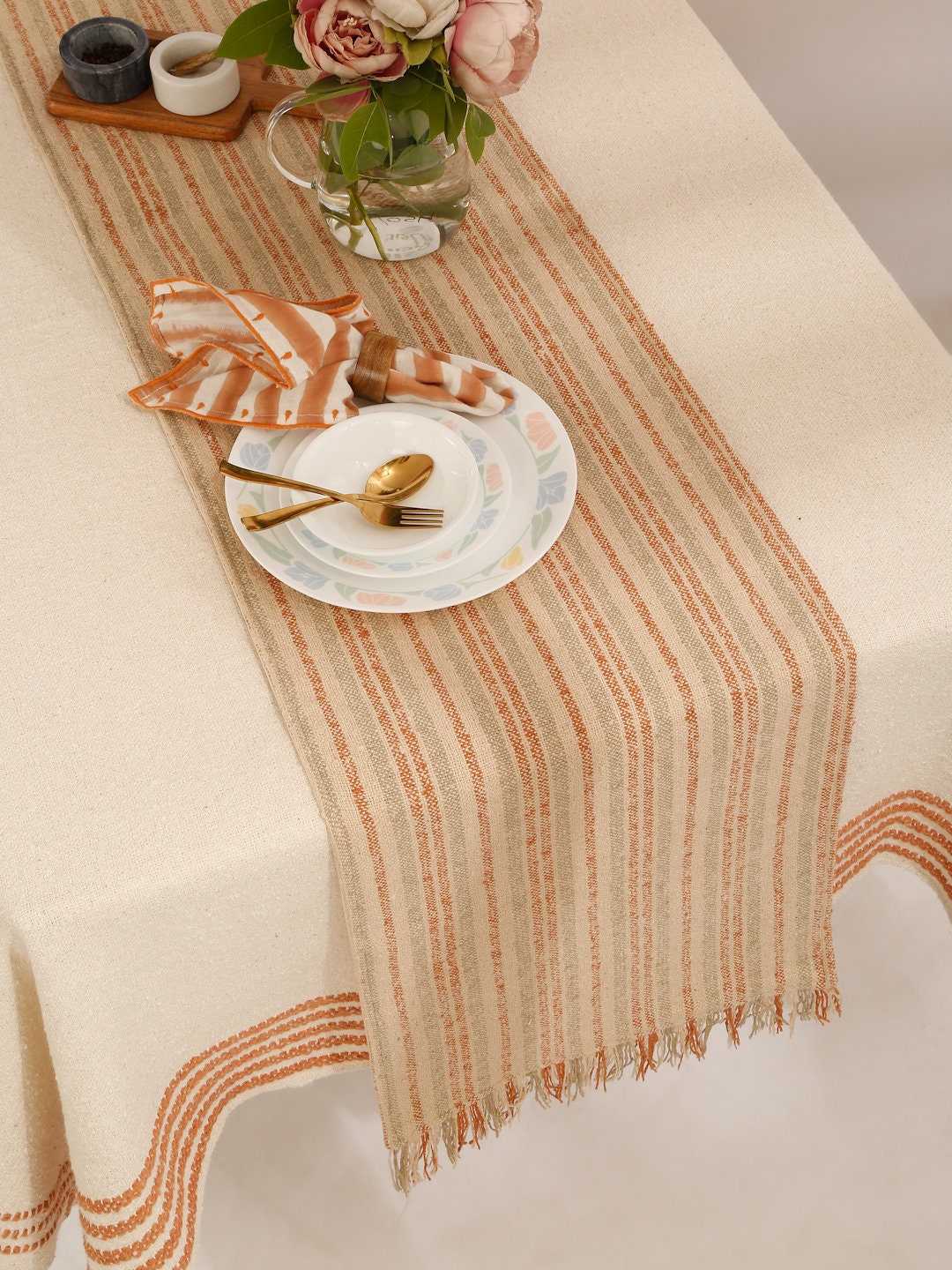 Handwoven Cotton Boucle Table Runner: Pumpkin Spice Stripe, 16x90”