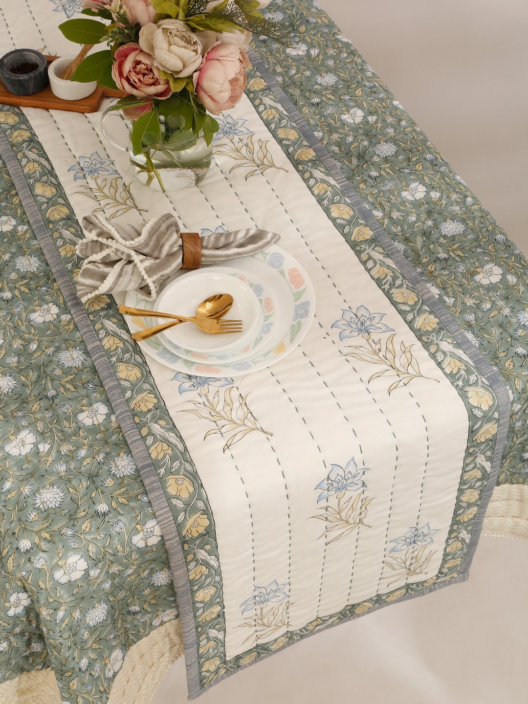 Hand Block Printed Cotton Table Runner | Floral Kantha Stitch Decor