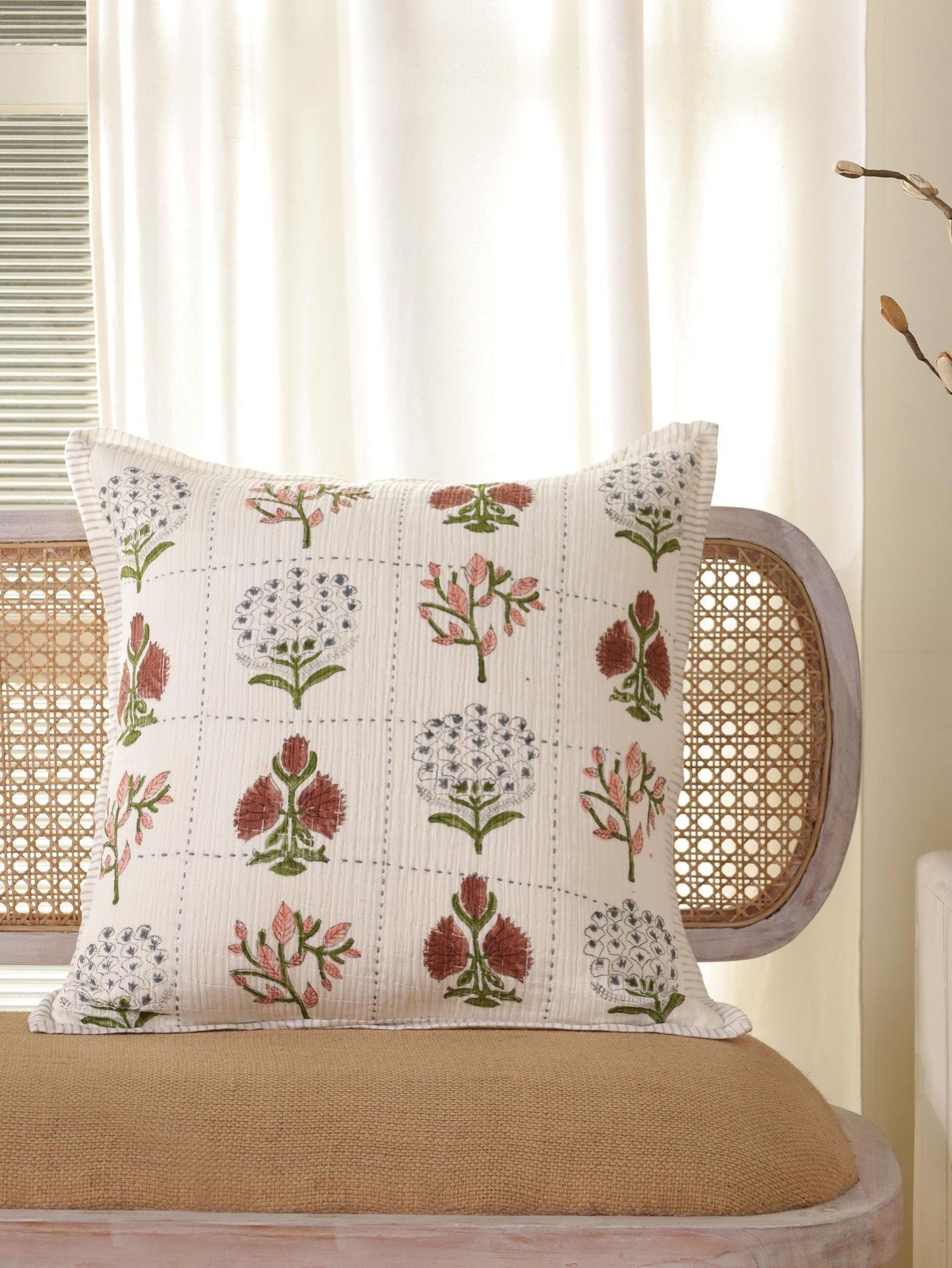 Floral Block Print Pillow Cover: 20x20 Muslin Cotton Reversible Cushion
