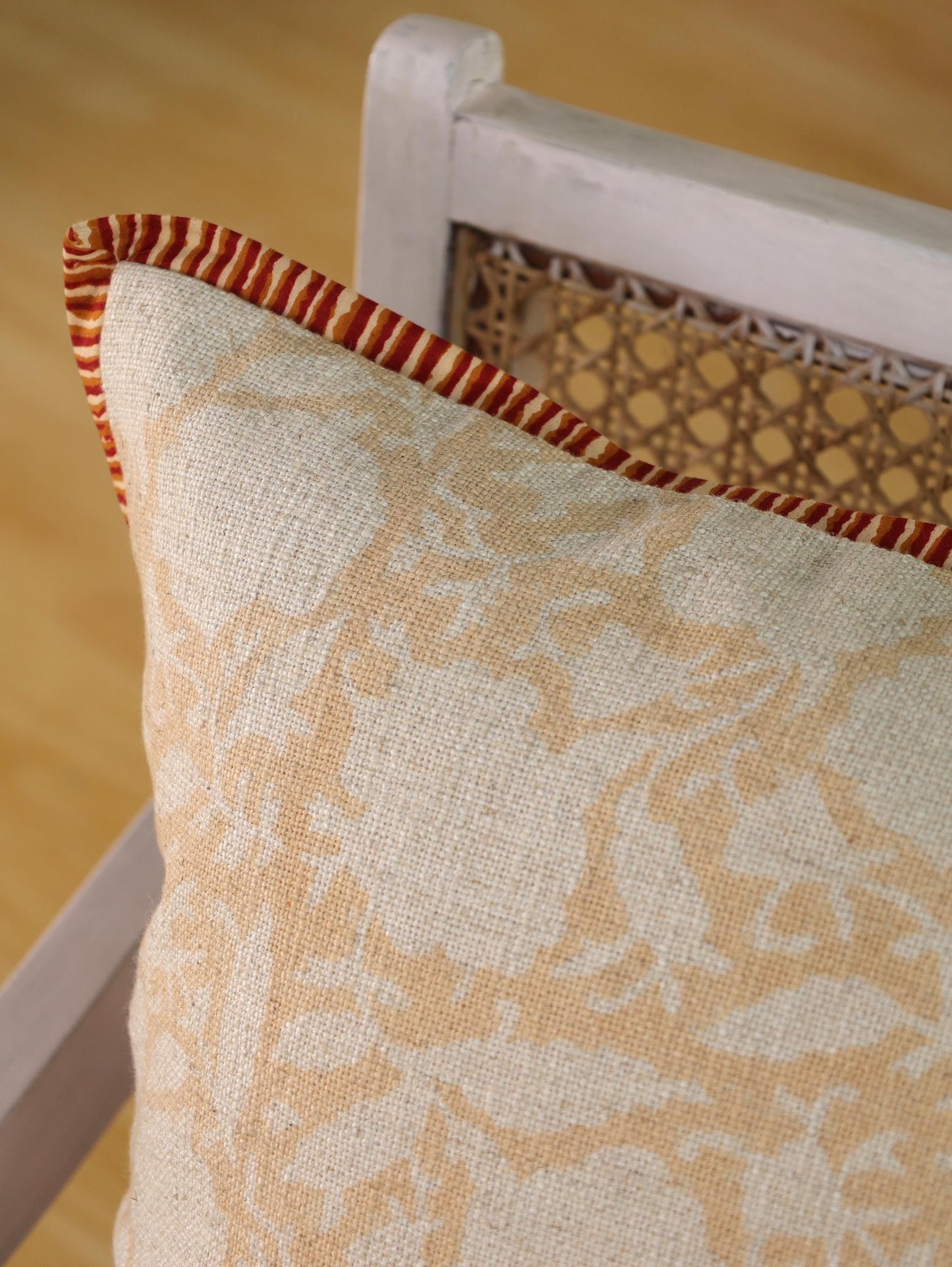 Hand Block Printed Linen Pillow Cover: Apricot Floral, Bohemian Decor (20x20)