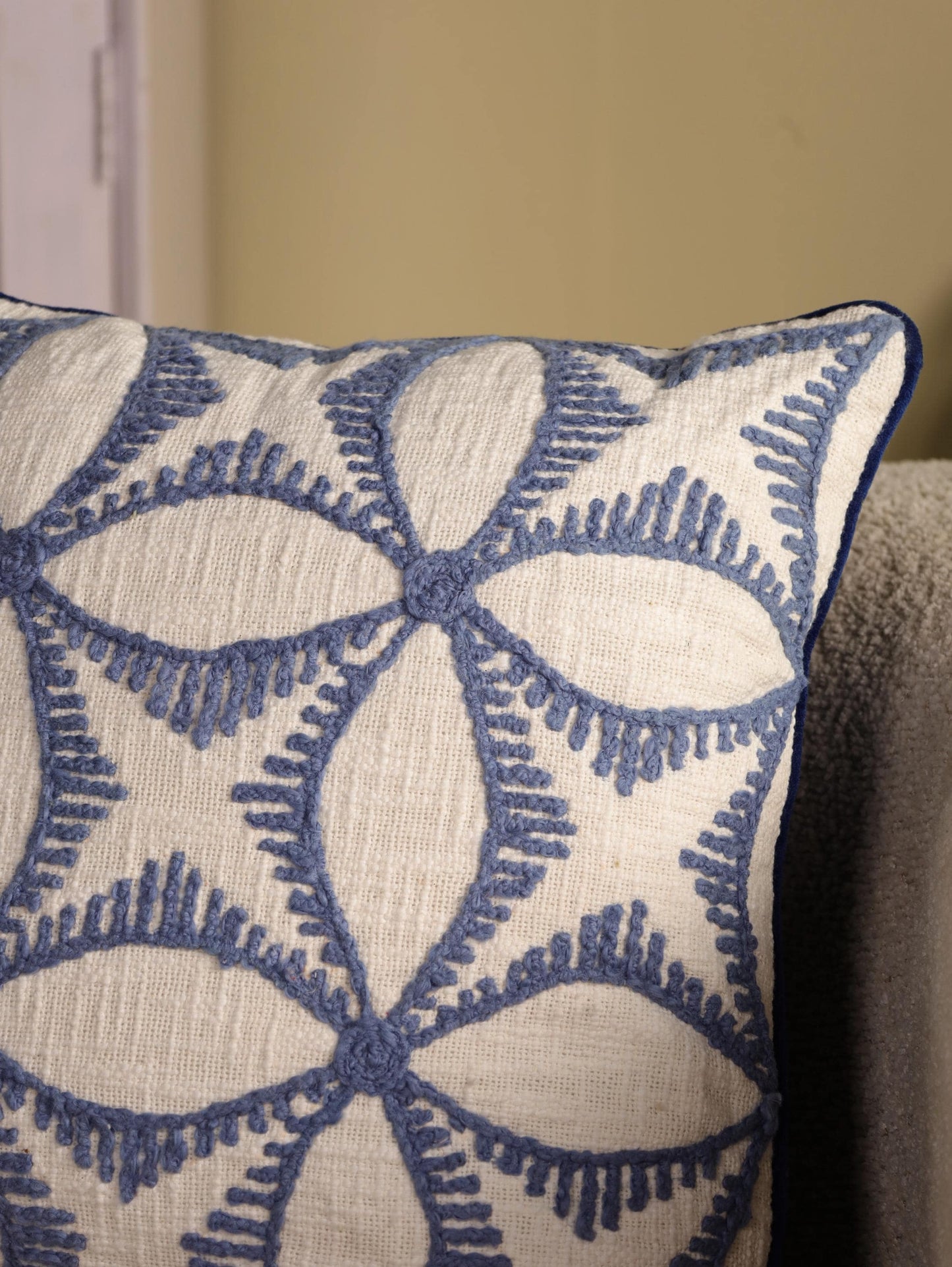 Hand-Embroidered Floral Pillow Cover: Blue & Yellow Floral Embroidered Pillow Cover | 20x20 Cotton Cushion | Boho Throw Pillow | Decor Gifts