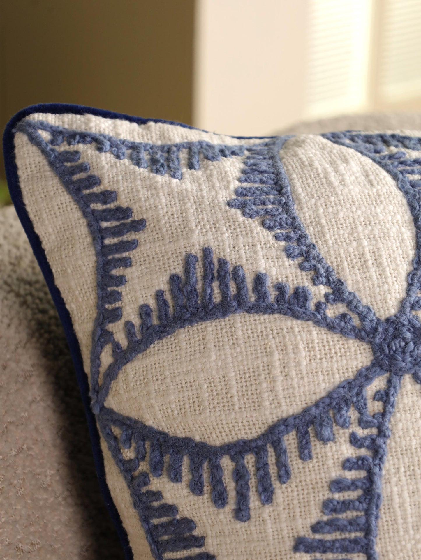 Hand-Embroidered Floral Pillow Cover: Blue & Yellow Floral Embroidered Pillow Cover | 20x20 Cotton Cushion | Boho Throw Pillow | Decor Gifts