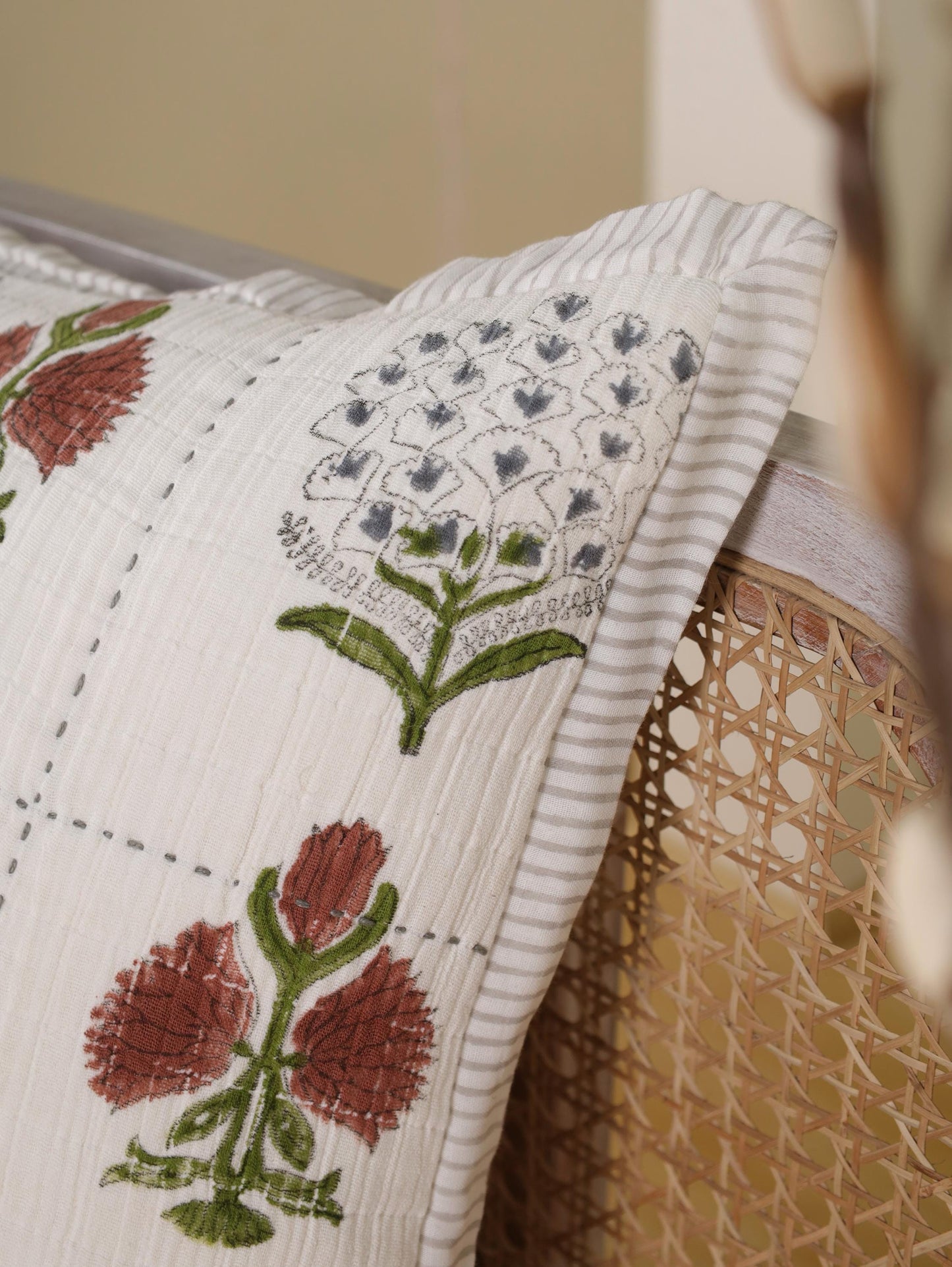 Floral Block Print Pillow Cover: 20x20 Muslin Cotton Reversible Cushion