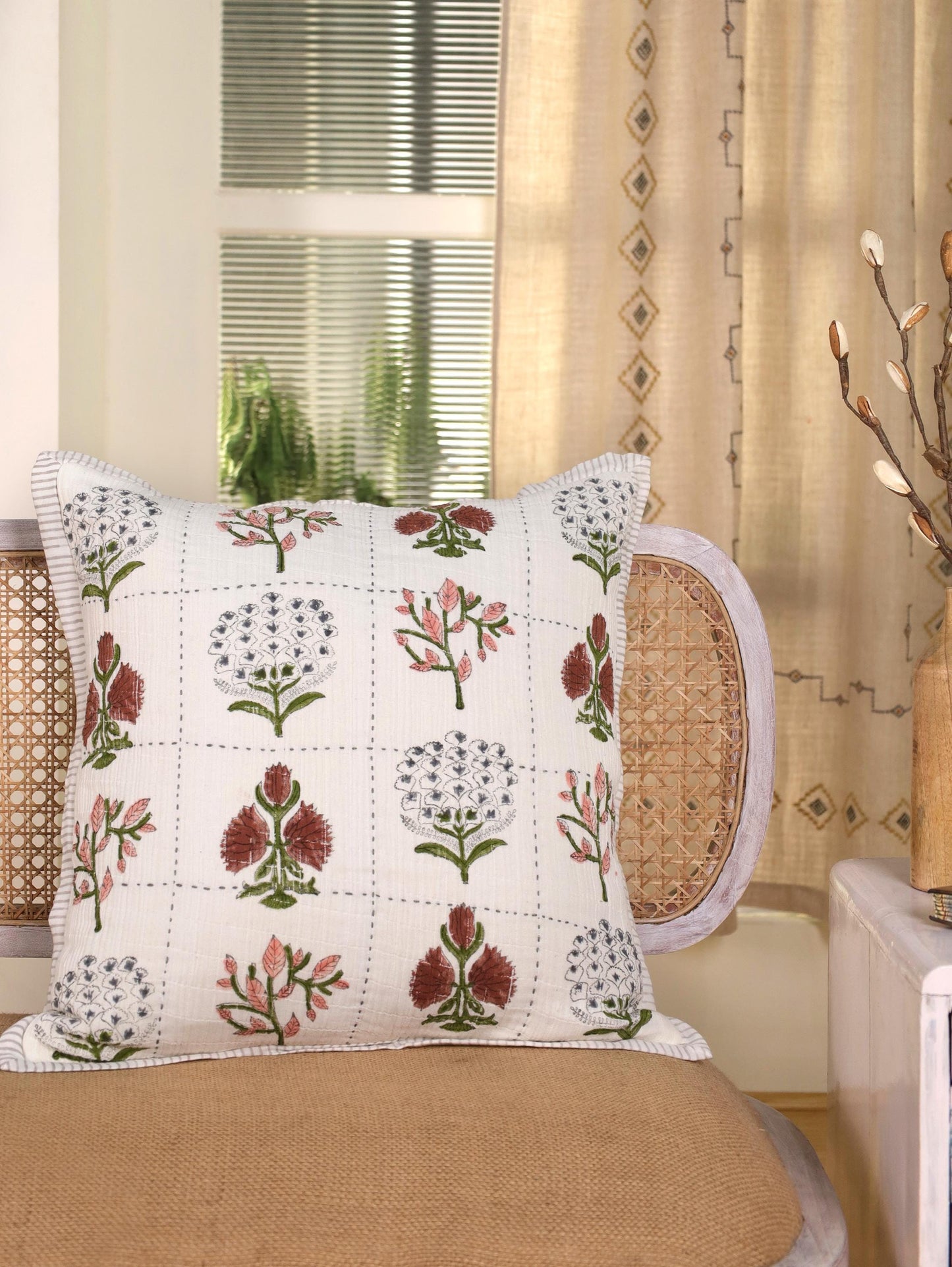 Floral Block Print Pillow Cover: 20x20 Muslin Cotton Reversible Cushion