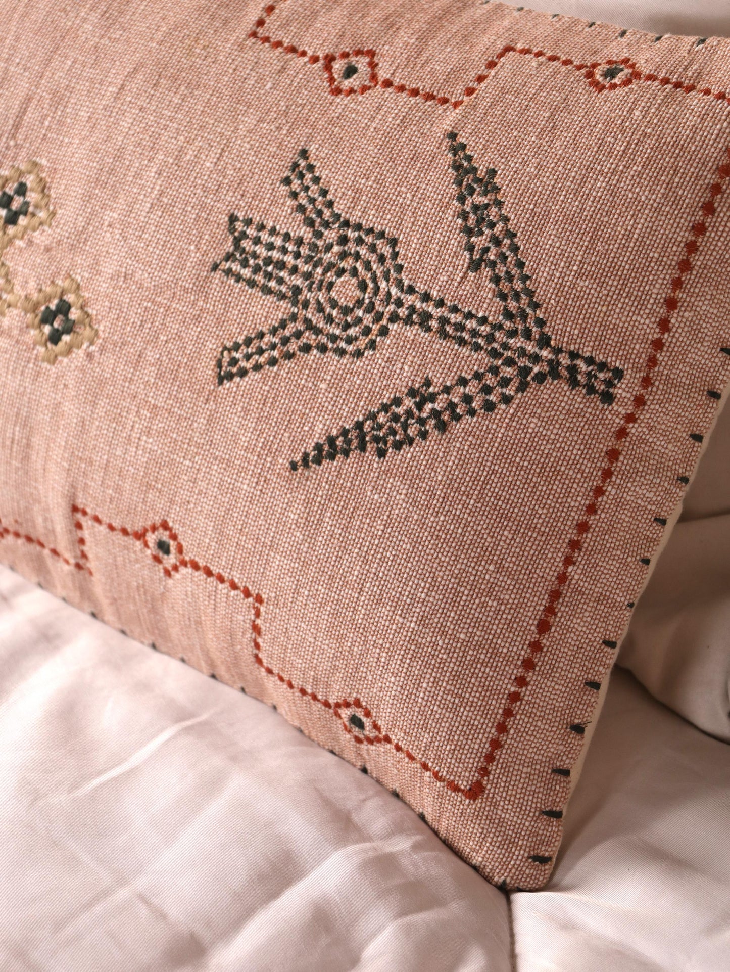 Rust Embroidered Lumbar Pillow Cover: 12x28 Moroccan Boho Throw Pillow | Handcrafted Cactus Silk-Inspired Accent for Sofa or Bed