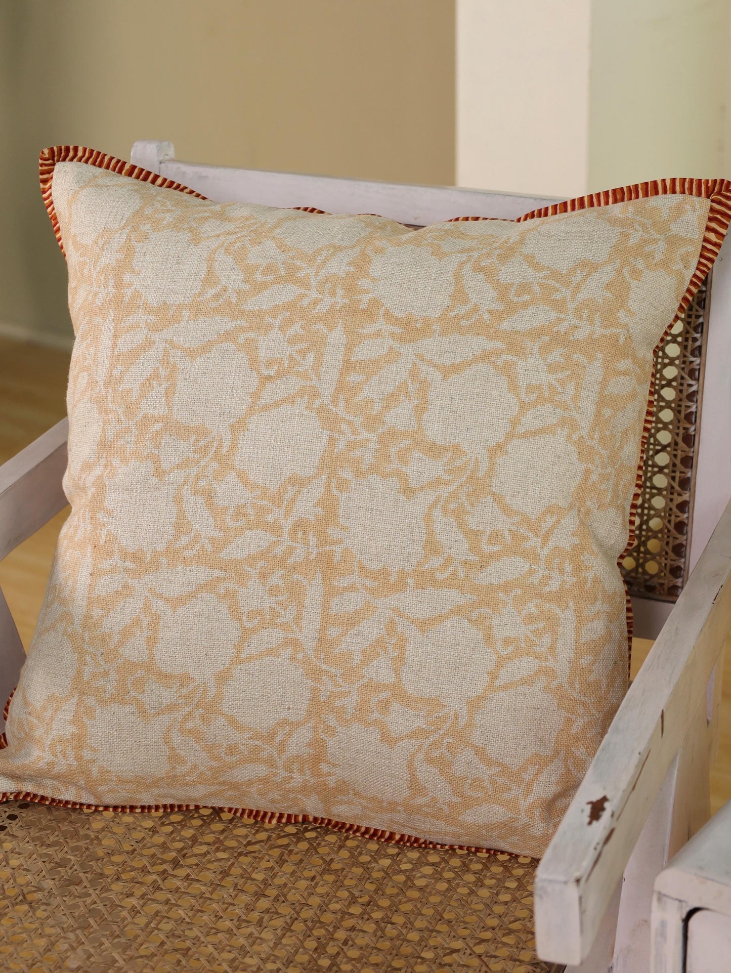 Hand Block Printed Linen Pillow Cover: Apricot Floral, Bohemian Decor (20x20)