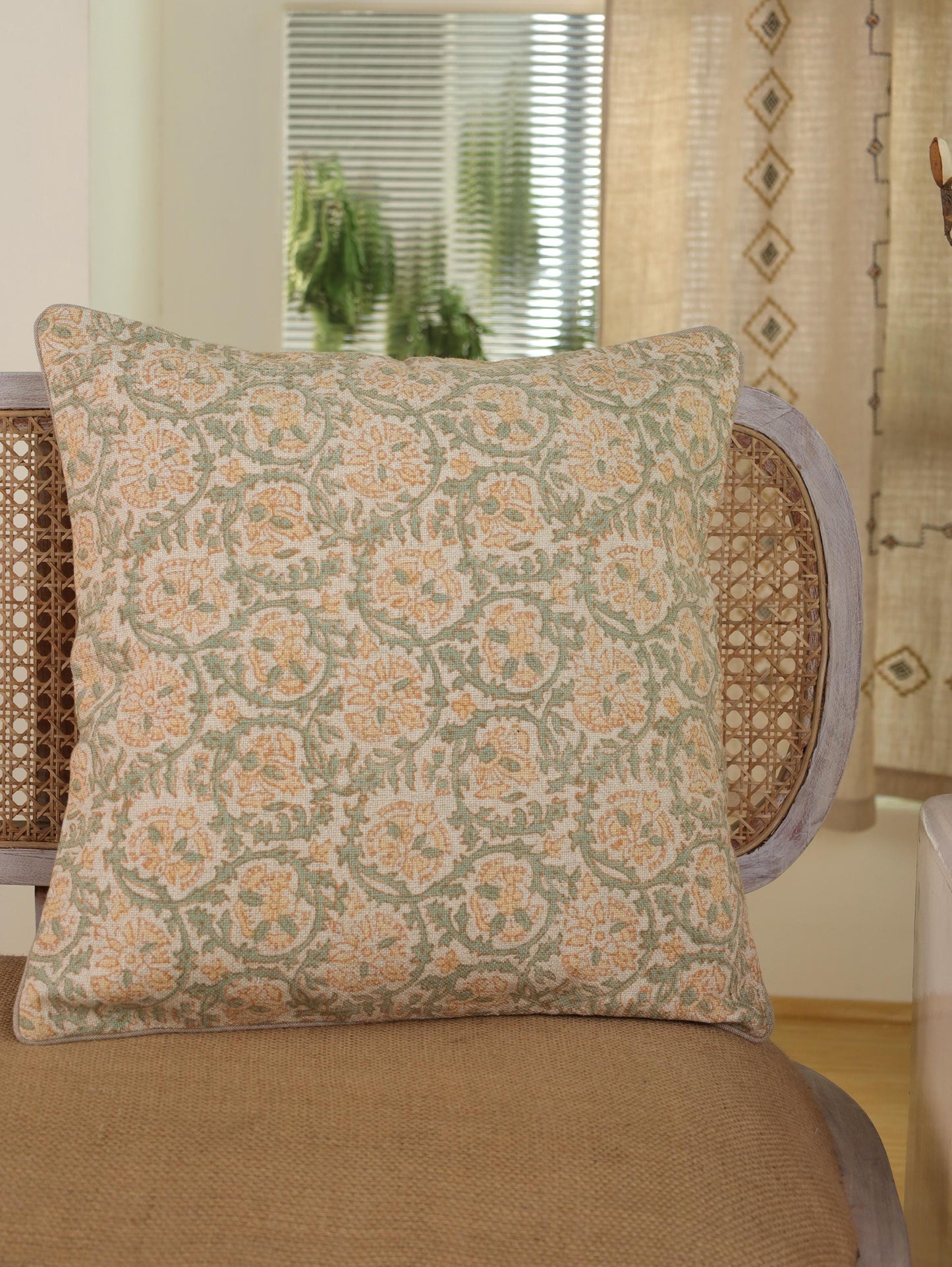 Hand Block Printed Linen Pillow Cover: Boho Farmhouse Cushion, 20x20