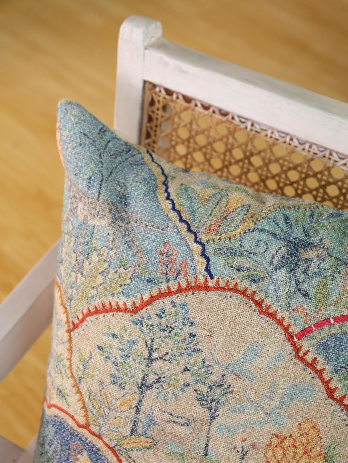 Embroidered Linen Pillow Cover: Japanese Garden Print, Japandi Decor