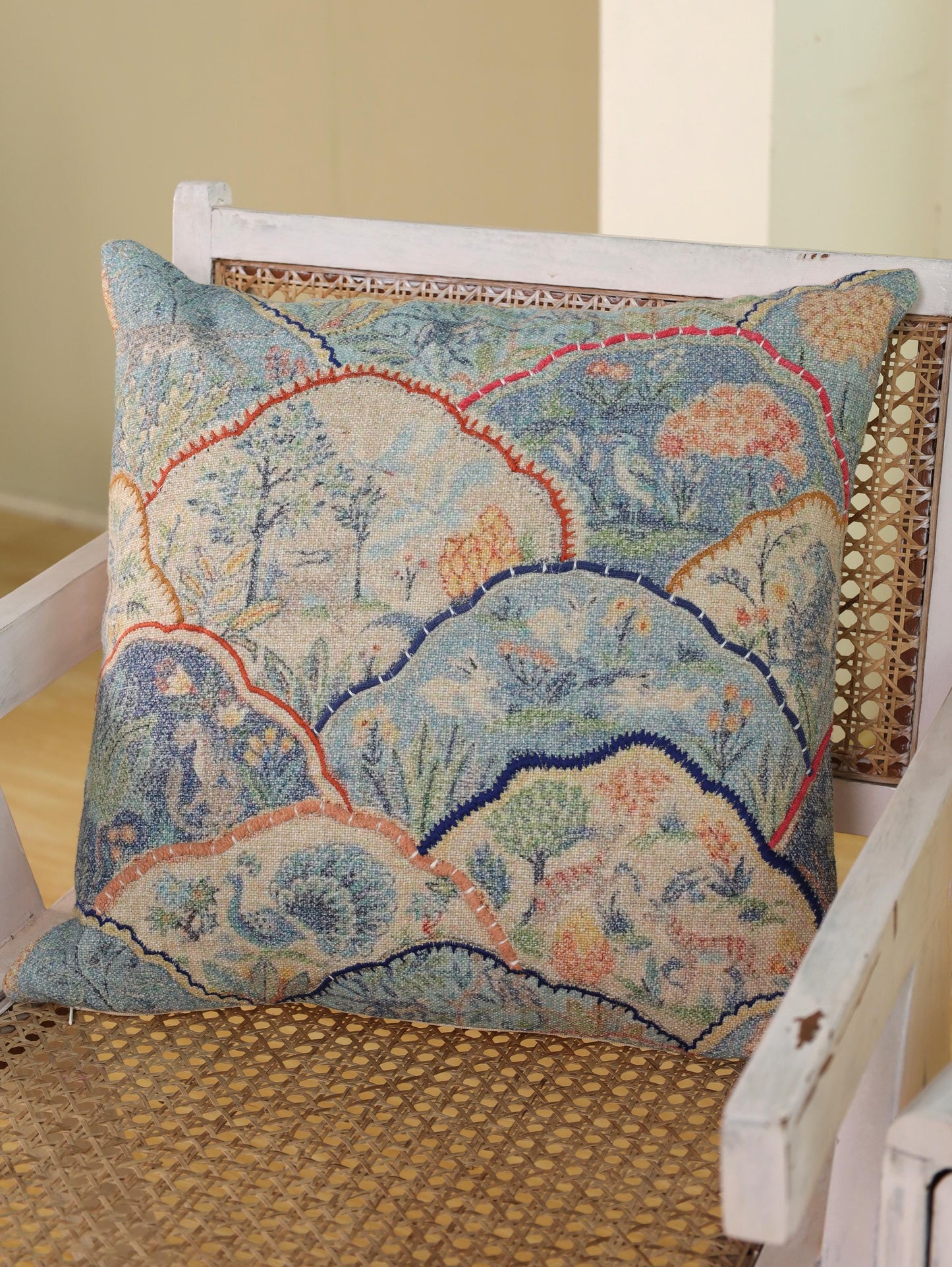 Embroidered Linen Pillow Cover: Japanese Garden Print, Japandi Decor