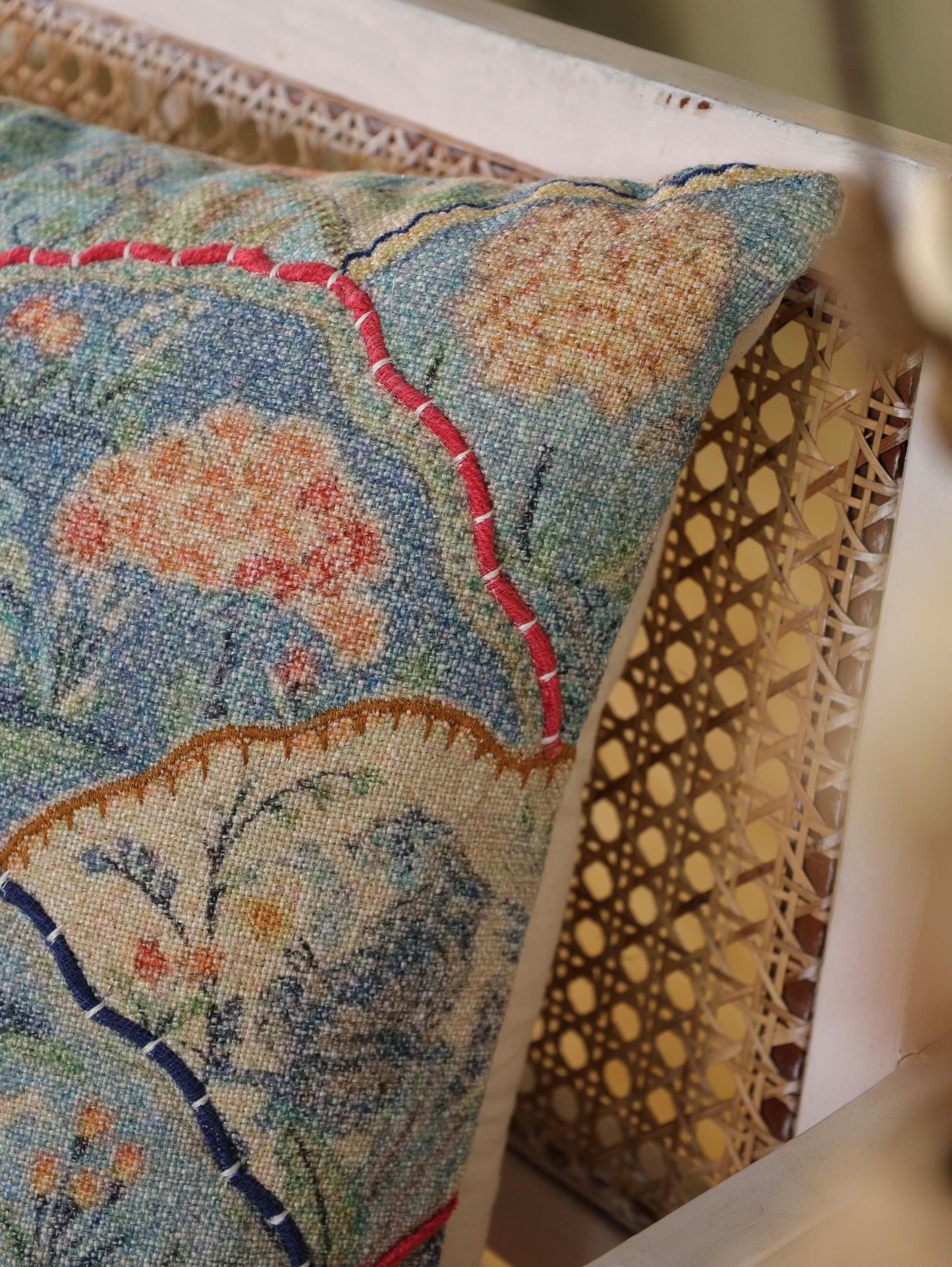 Embroidered Linen Pillow Cover: Japanese Garden Print, Japandi Decor