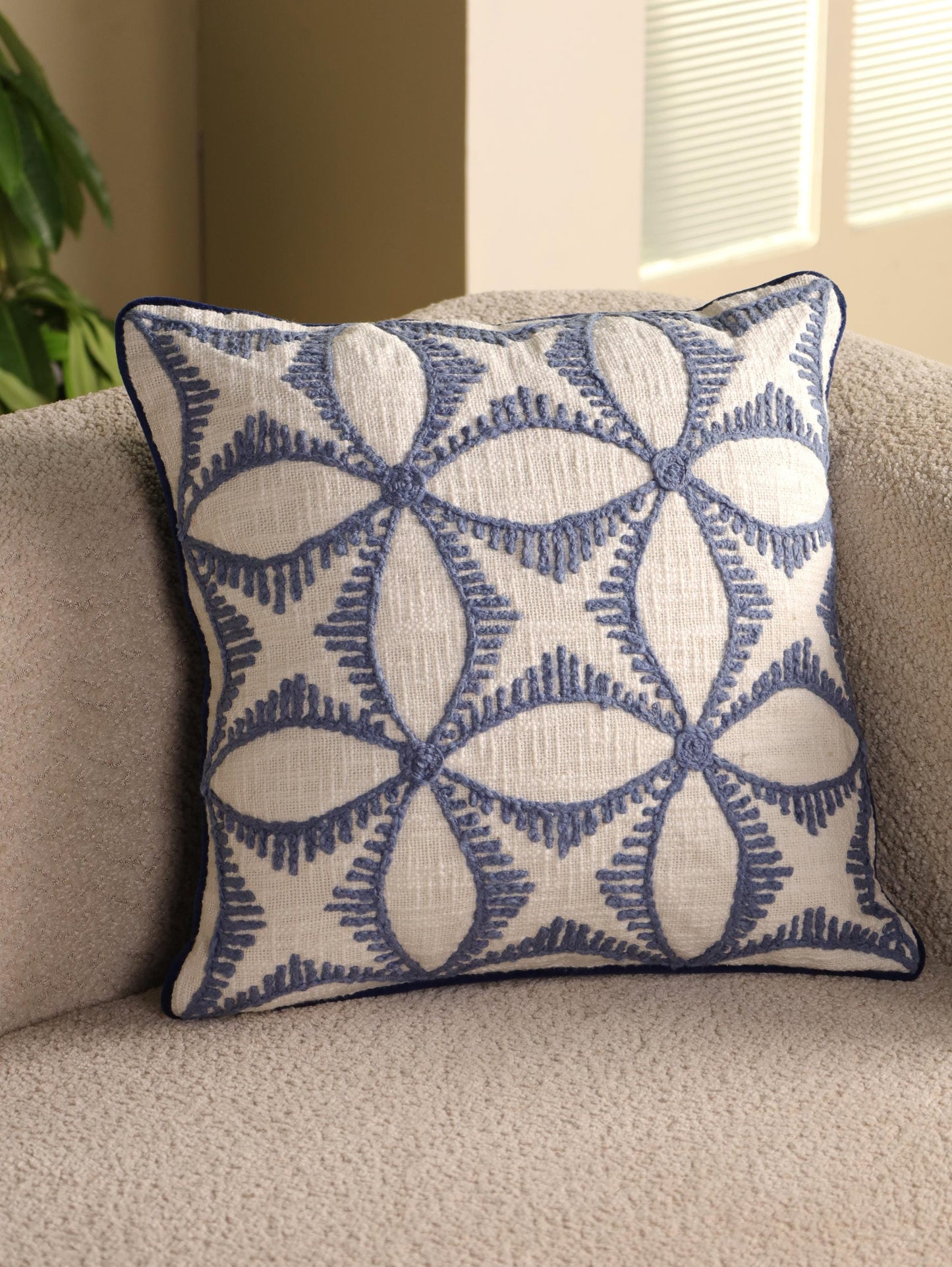 Hand-Embroidered Floral Pillow Cover: Blue & Yellow Floral Embroidered Pillow Cover | 20x20 Cotton Cushion | Boho Throw Pillow | Decor Gifts