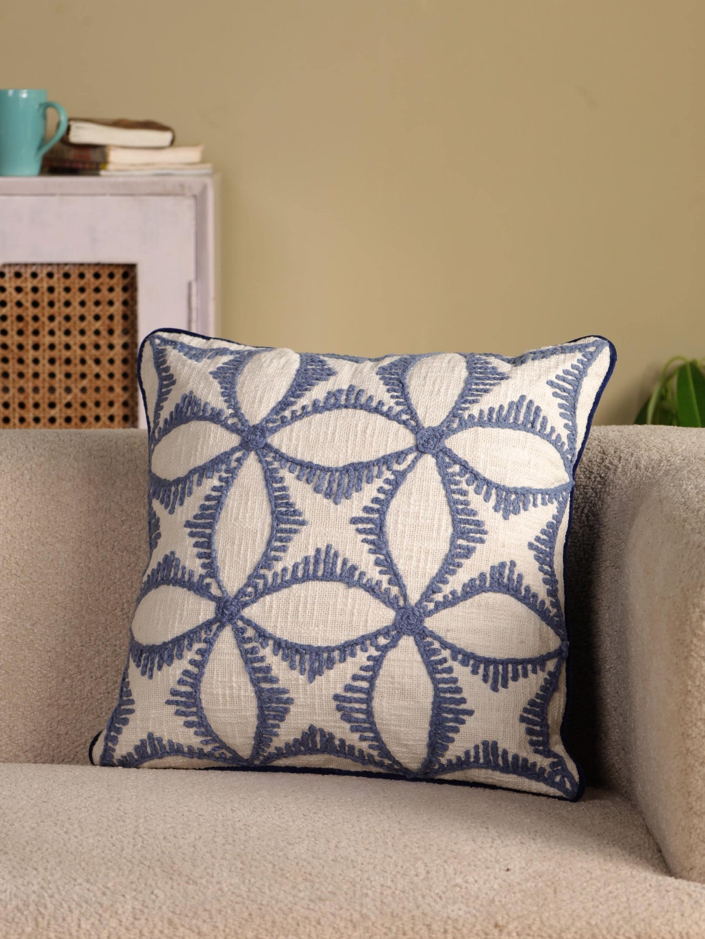 Hand-Embroidered Floral Pillow Cover: Blue & Yellow Floral Embroidered Pillow Cover | 20x20 Cotton Cushion | Boho Throw Pillow | Decor Gifts