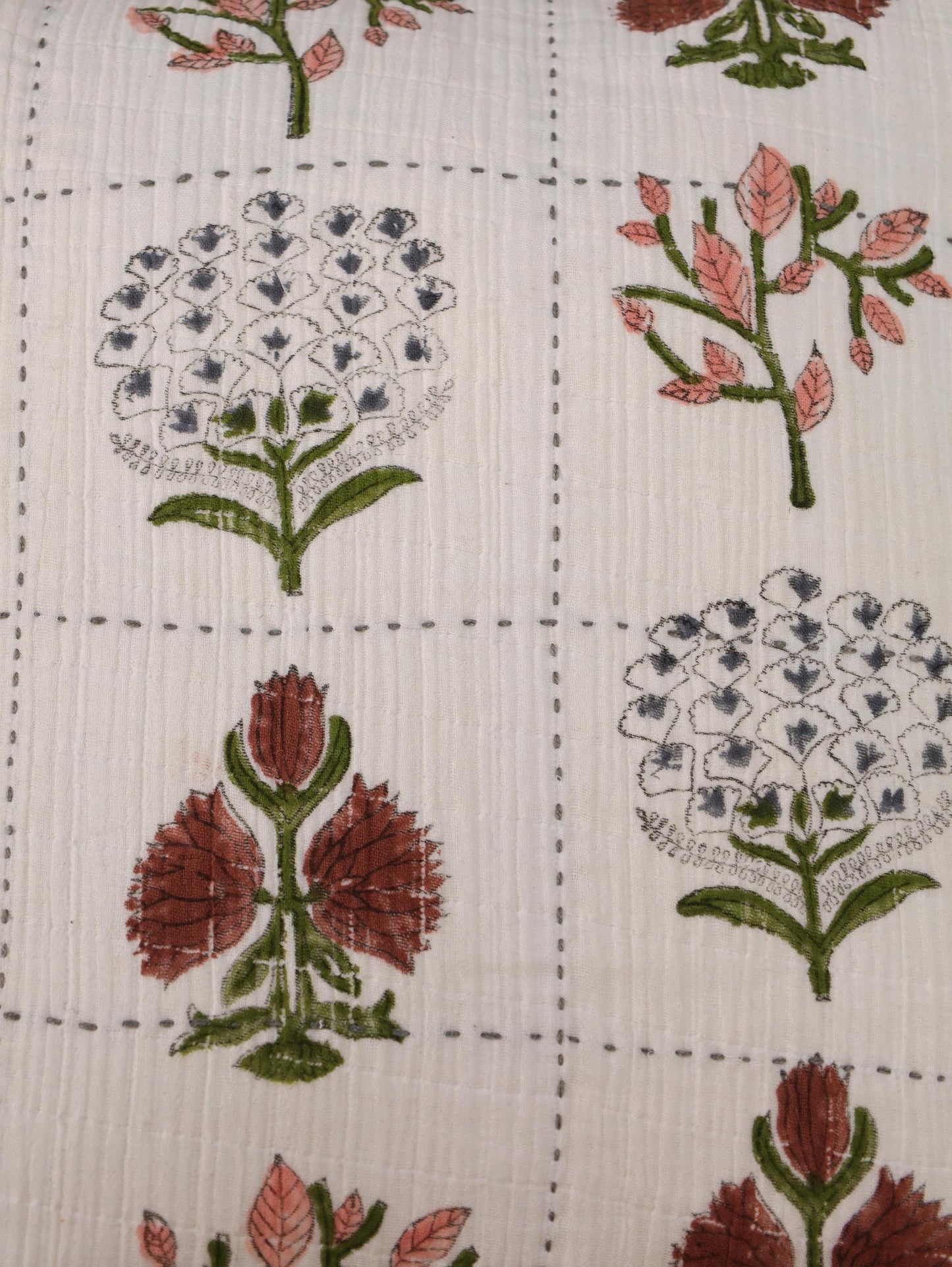 Floral Block Print Pillow Cover: 20x20 Muslin Cotton Reversible Cushion