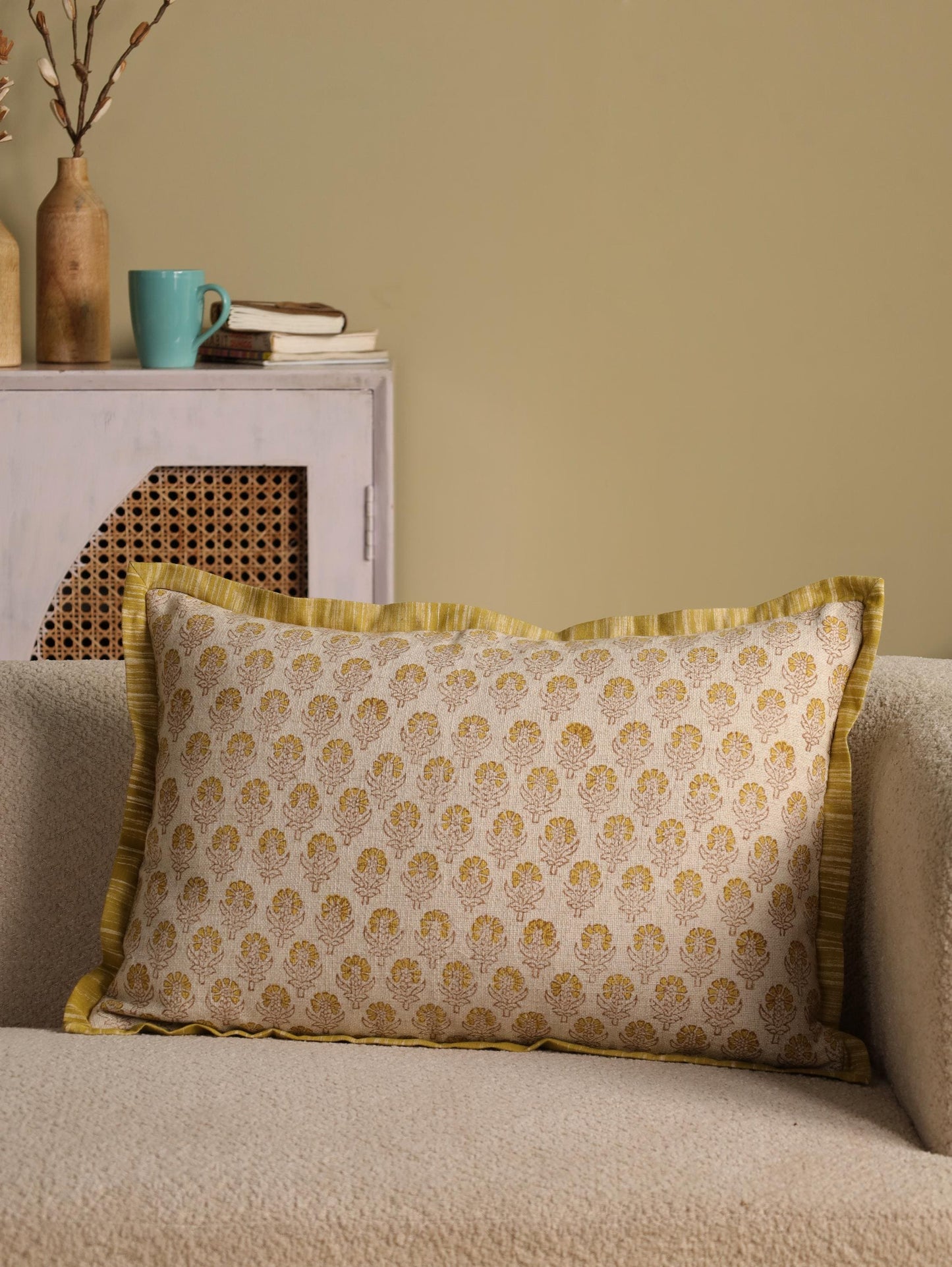 Floral Linen Lumbar Pillow Cover: Hand Block Printed, Farmhouse Decor