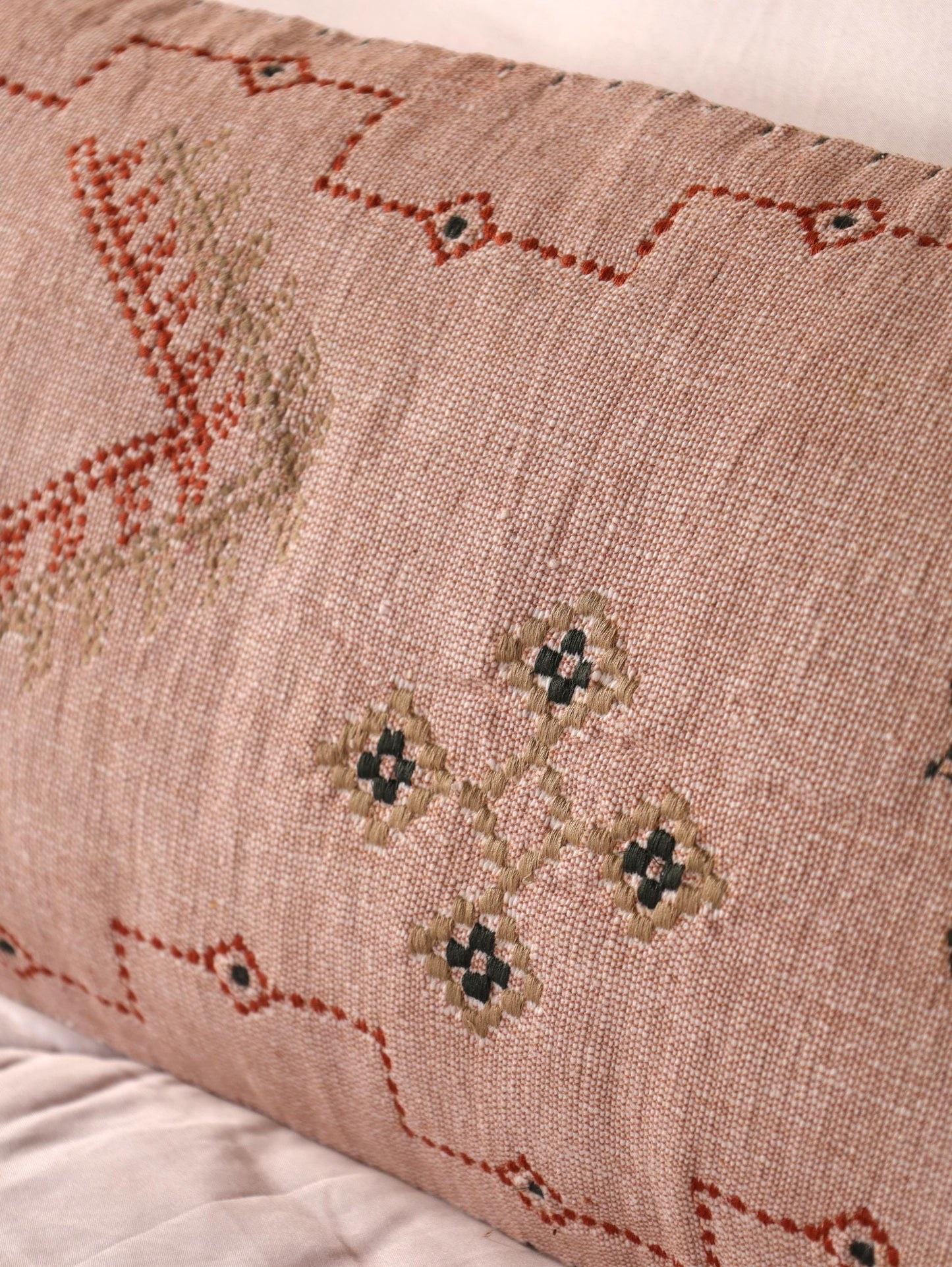 Rust Embroidered Lumbar Pillow Cover: 12x28 Moroccan Boho Throw Pillow | Handcrafted Cactus Silk-Inspired Accent for Sofa or Bed