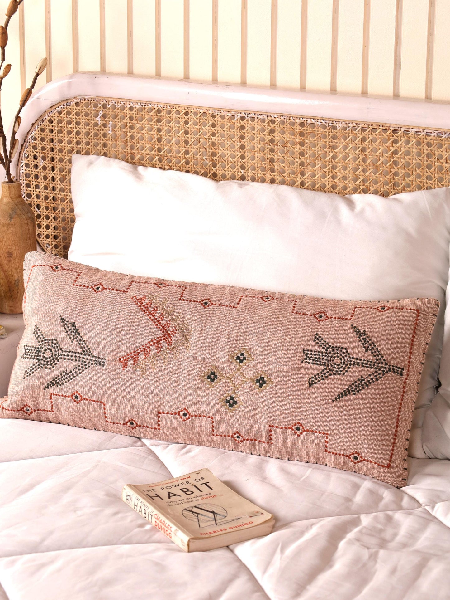 Rust Embroidered Lumbar Pillow Cover: 12x28 Moroccan Boho Throw Pillow | Handcrafted Cactus Silk-Inspired Accent for Sofa or Bed