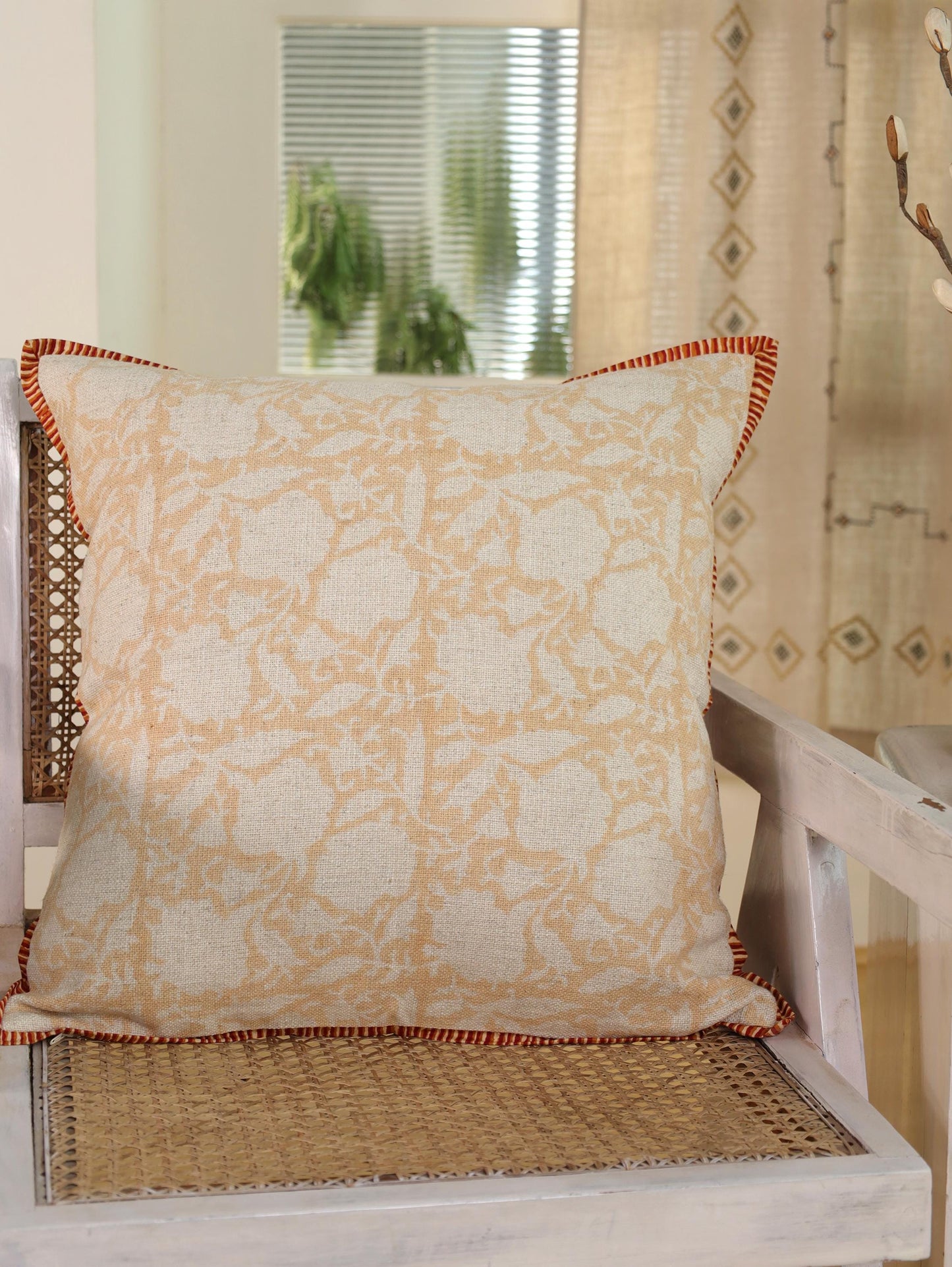 Hand Block Printed Linen Pillow Cover: Apricot Floral, Bohemian Decor (20x20)