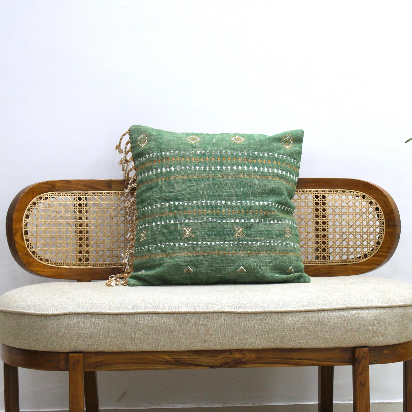 Moroccan Embroidered Linen Pillow Cover: 20x20 Boho Cushion with Tassels | Handmade Cactus Silk Inspired Throw Pillow | Housewarming Gift