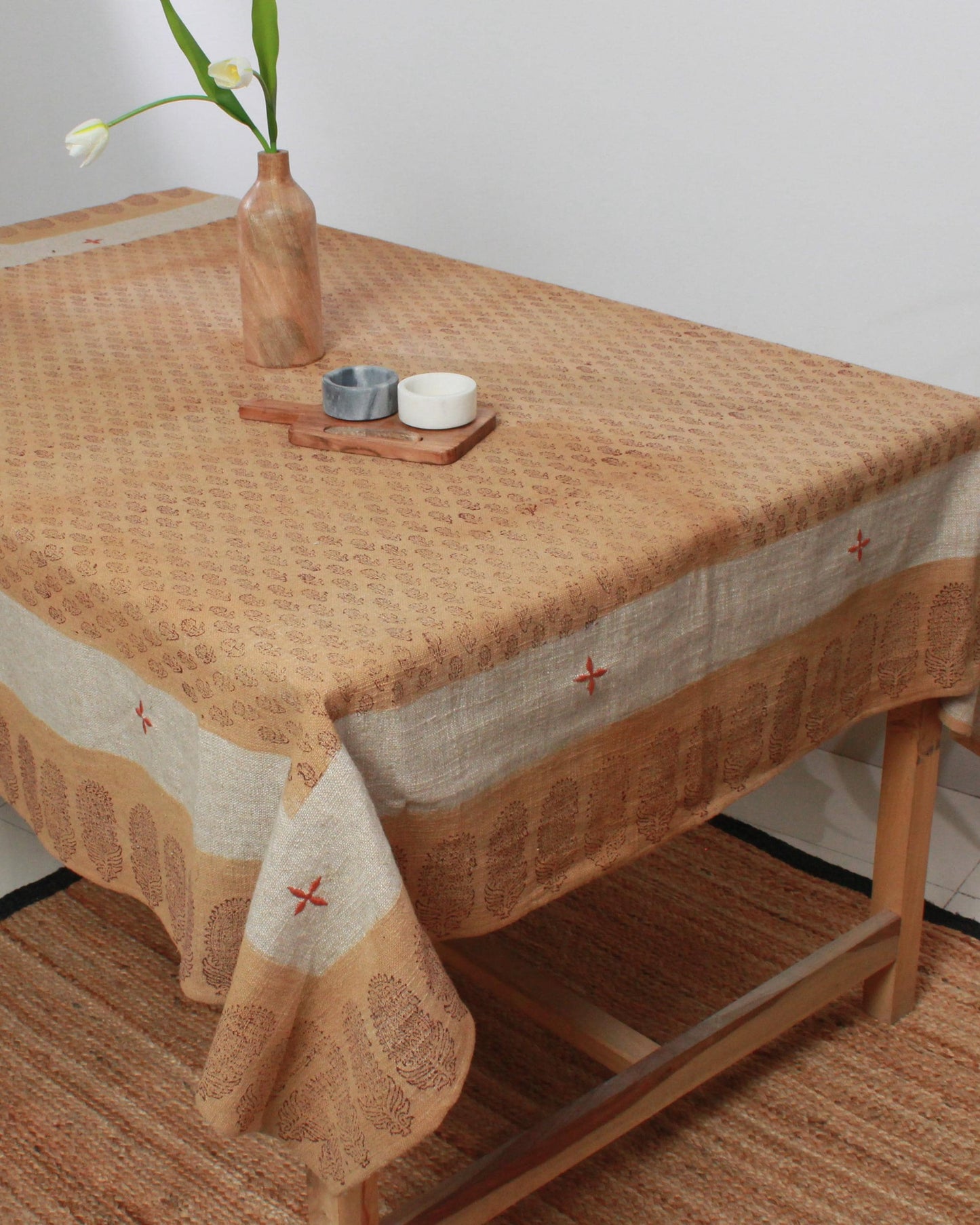 Peach Floral Linen Tablecloth: Hand Block Printed 52x70 Rectangle