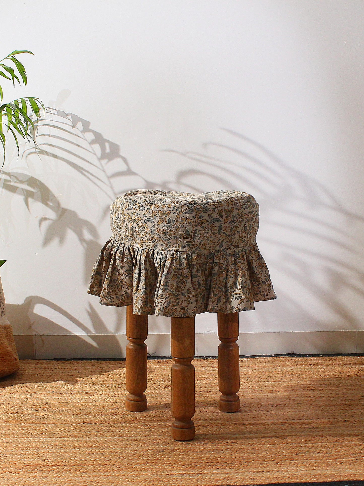 Floral Linen Barstool Cover: 14 Inch Hand Block Printed Seat Cover | Farmhouse Cotton Stool Cover | Custom Round Chair Slip Cover