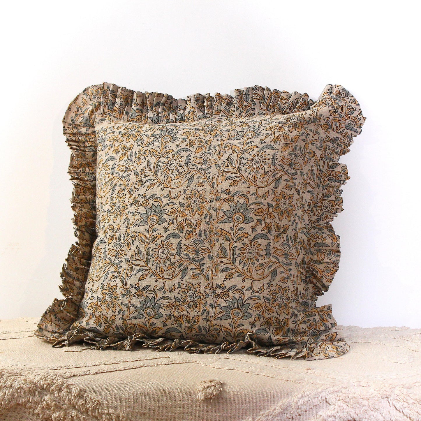 Ruffle Linen Floral Pillow Cover Set: 14x22 & 20x20 Hand Block Printed Cushion | Neutral Boho Throw Pillow | Handmade Farmhouse Decor Gift
